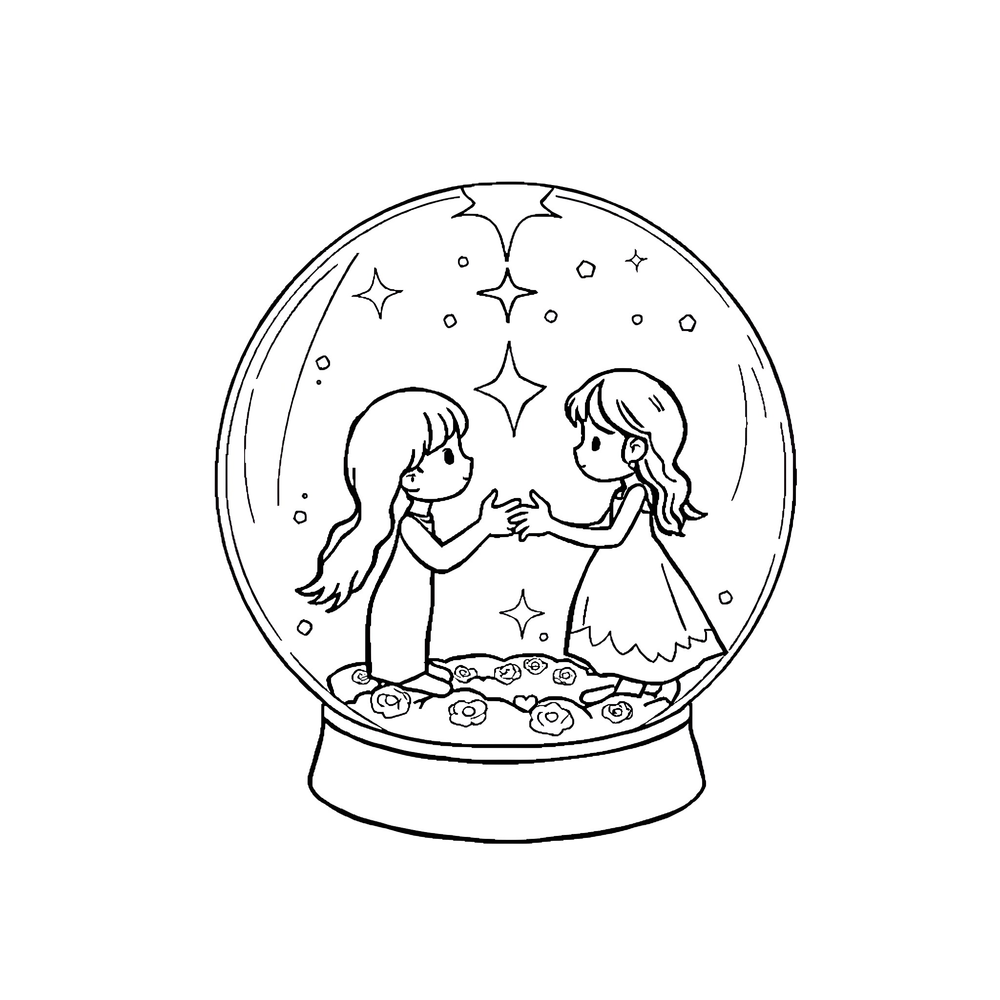 Pinky Promise in a Magical Snow Globe Coloring Page (free black-and-white line drawing printable PDF for all, from beginners to advanced learners, including children, teens, adults, and seniors)