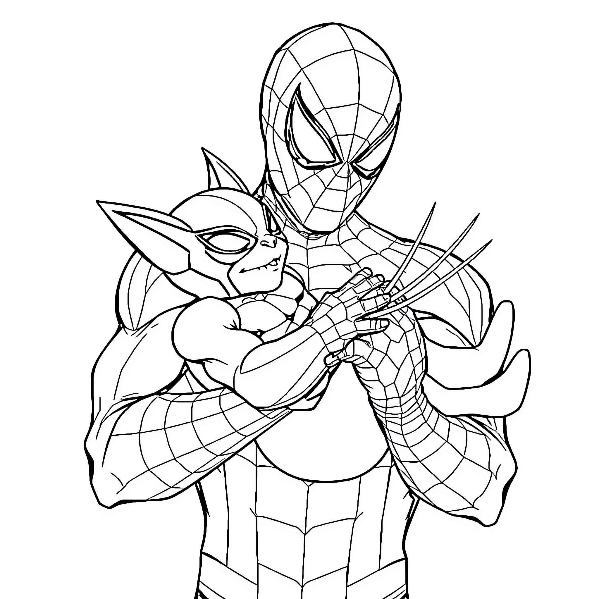 Spiderman battles with fierce creature Coloring Page (free black-and-white line drawing printable PDF for all, from beginners to advanced learners, including children, teens, adults, and seniors)