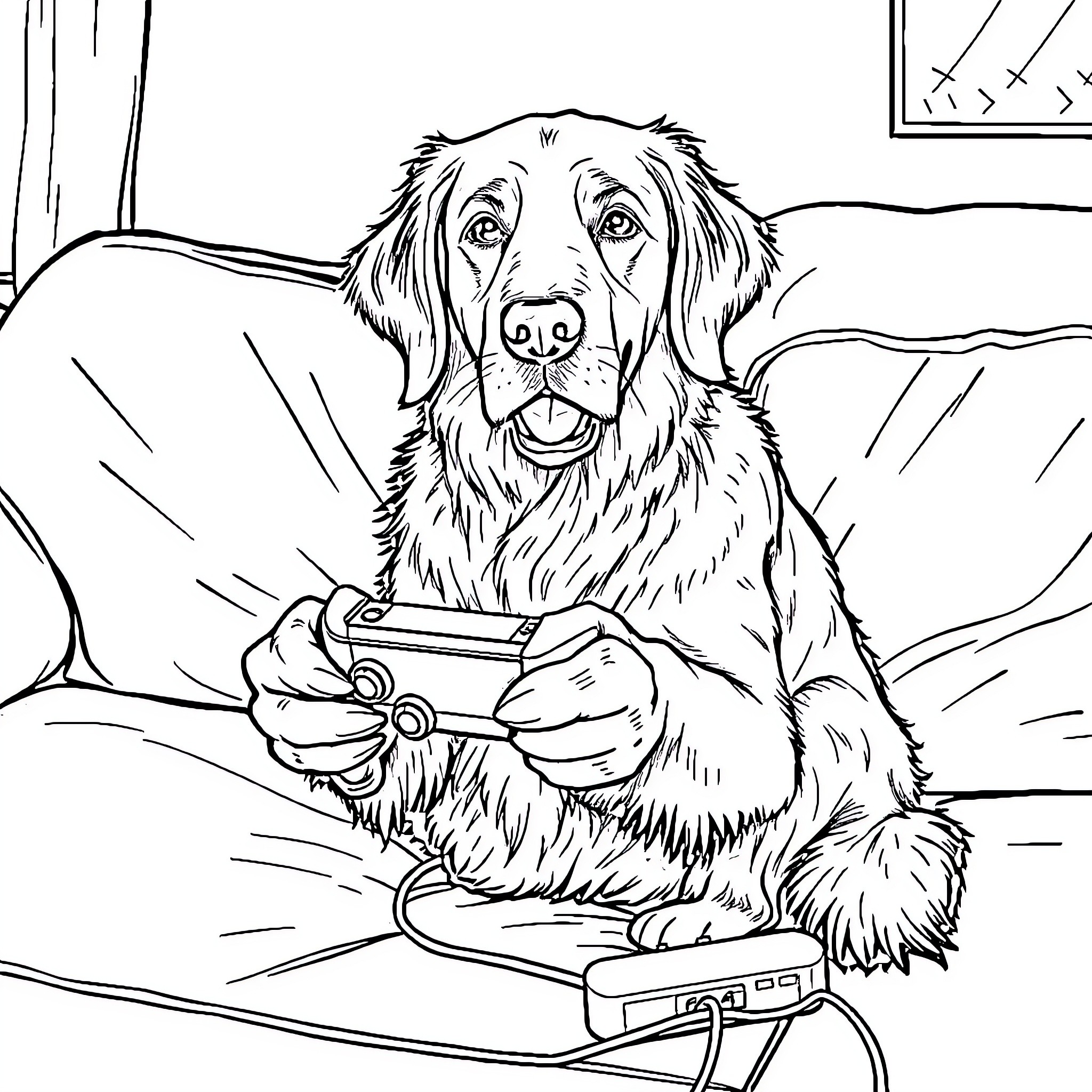 Golden Retriever playing video games on the couch Coloring Page (free black-and-white line drawing printable PDF for all, from beginners to advanced learners, including children, teens, adults, and seniors)