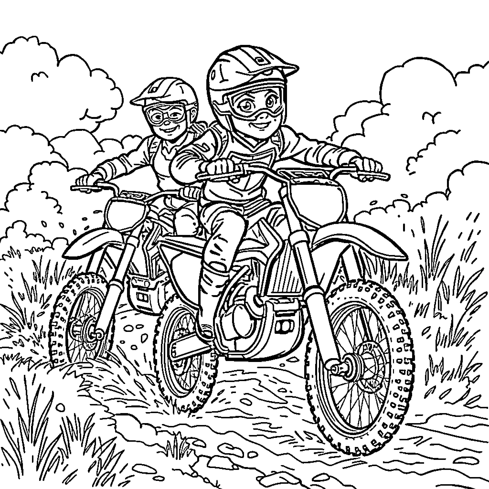 Dirtbike riders racing through the countryside Coloring Page (free black-and-white line drawing printable PDF for all, from beginners to advanced learners, including children, teens, adults, and seniors)