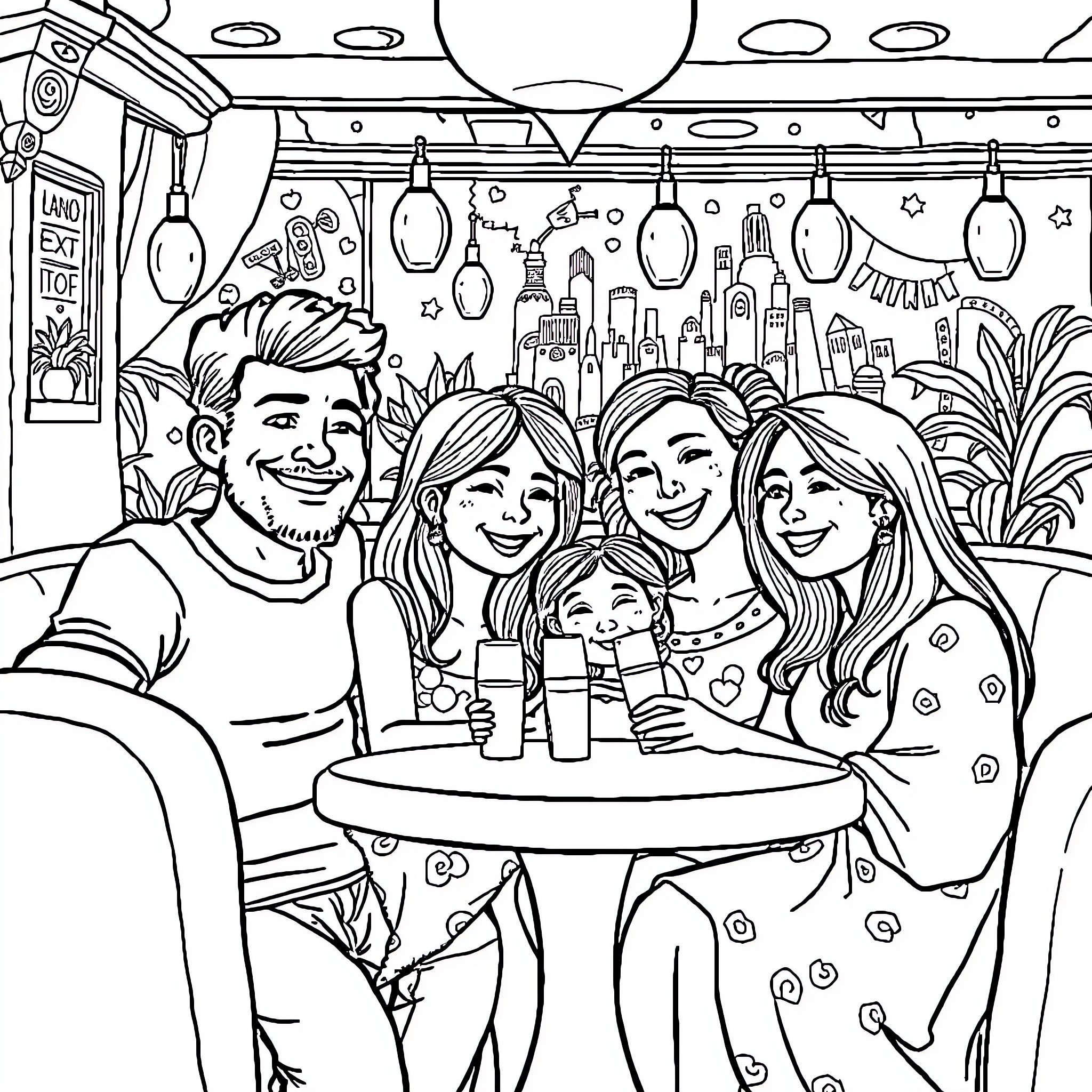 Family Celebrating Together in a Festive Scene Coloring Page (free black-and-white line drawing printable PDF for all, from beginners to advanced learners, including children, teens, adults, and seniors)