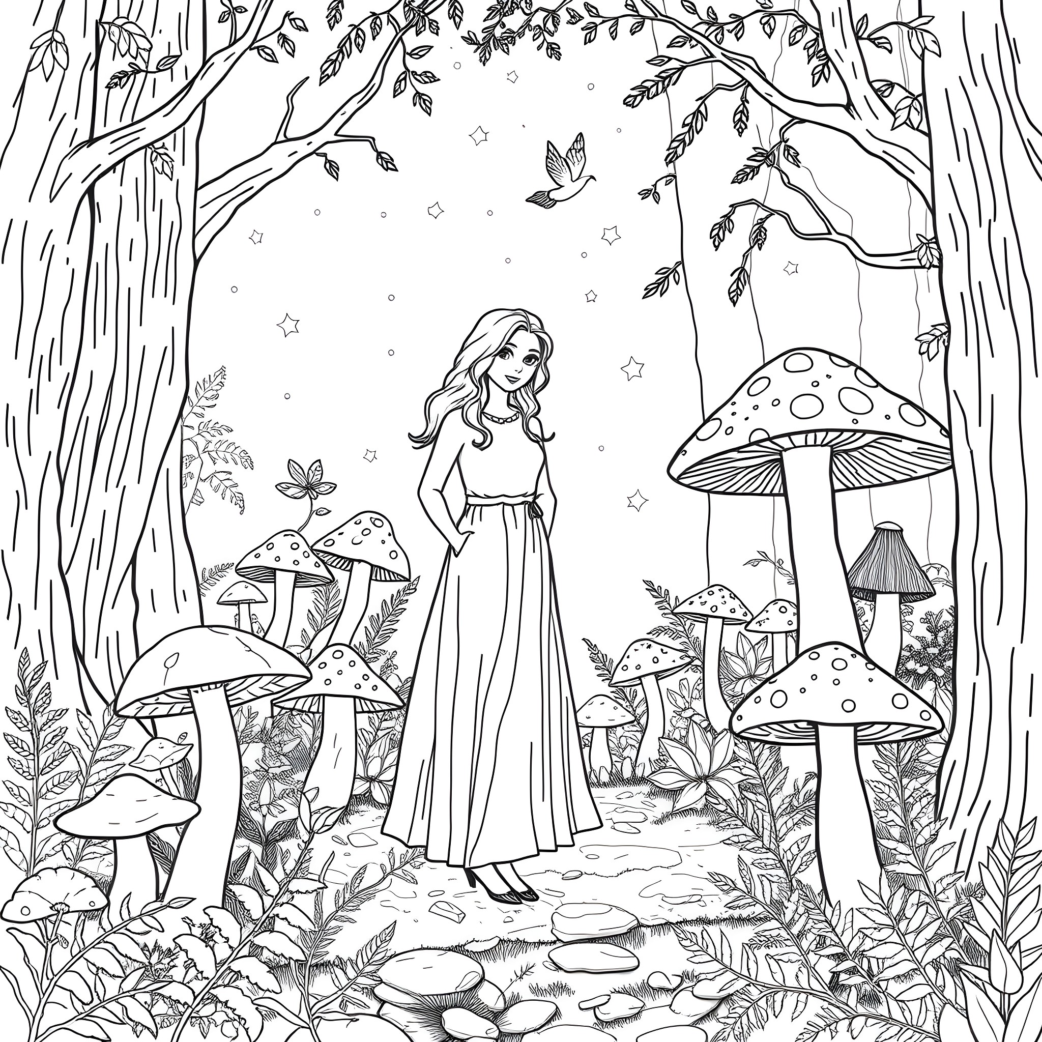 Janet Mills exploring the enchanted forest with mushrooms Coloring Page (free black-and-white line drawing printable PDF for all, from beginners to advanced learners, including children, teens, adults, and seniors)