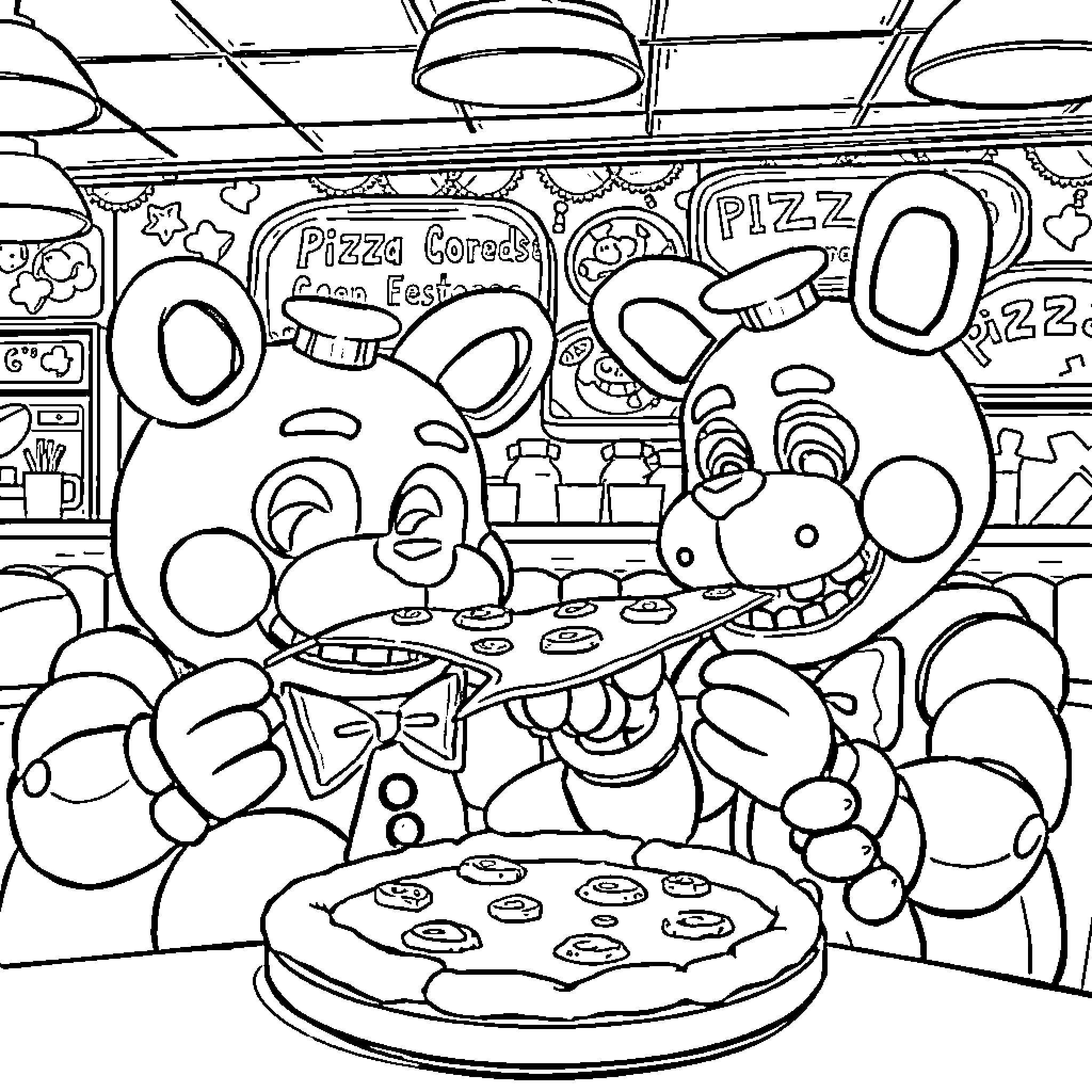 Animatronic characters serving pizza in a restaurant Coloring Page (free black-and-white line drawing printable PDF for all, from beginners to advanced learners, including children, teens, adults, and seniors)