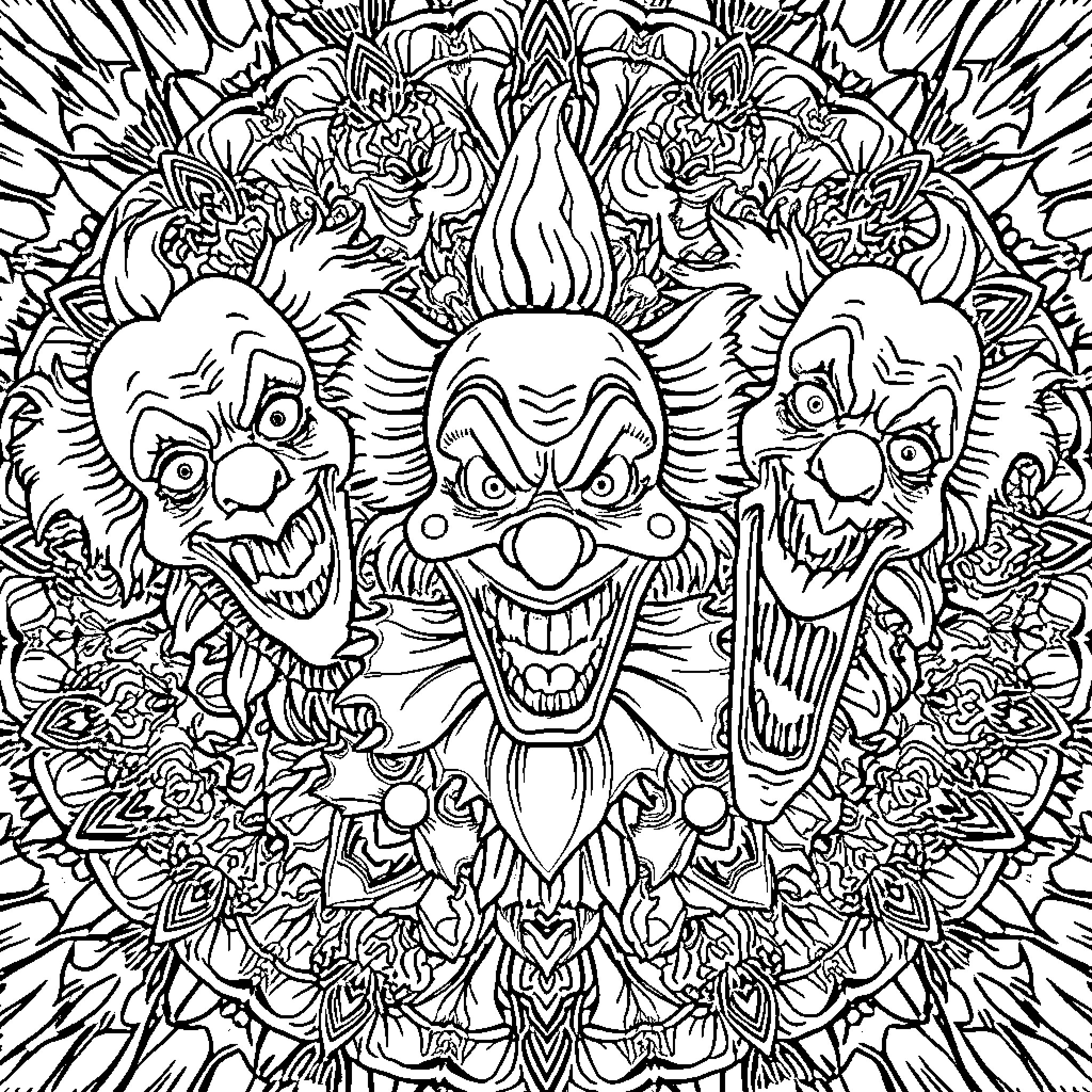 Clown faces surrounded by intricate patterns Coloring Page (free black-and-white line drawing printable PDF for all, from beginners to advanced learners, including children, teens, adults, and seniors)