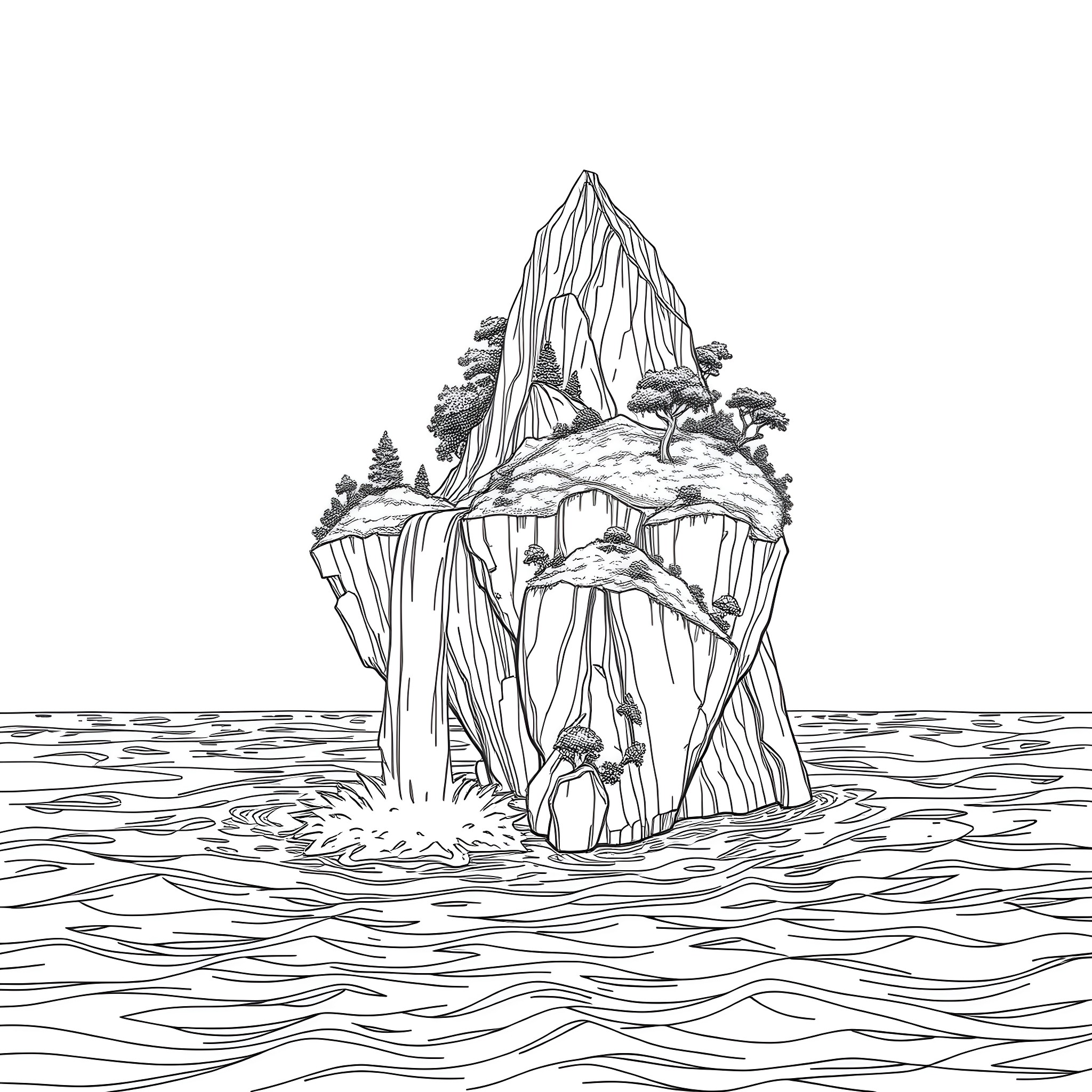 Island of Floating Mushrooms in the Tranquil Sea Coloring Page (free black-and-white line drawing printable PDF for all, from beginners to advanced learners, including children, teens, adults, and seniors)