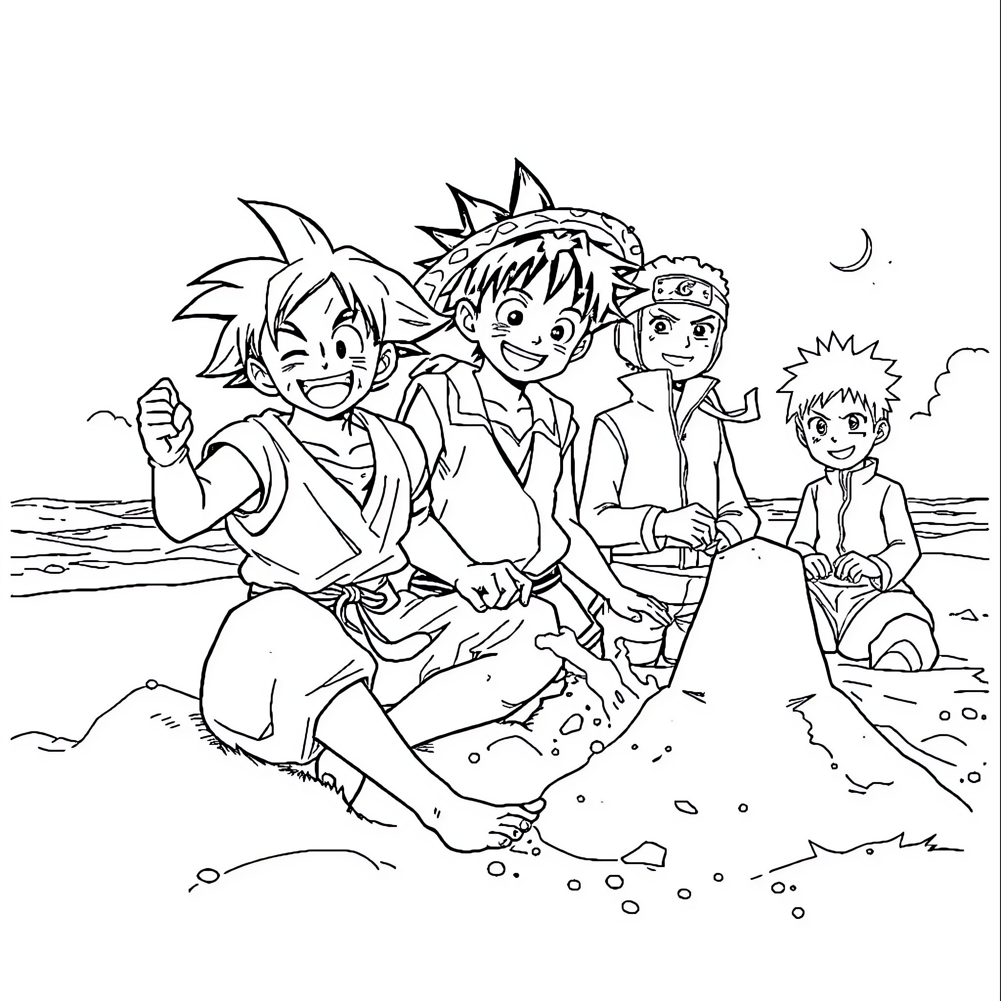 Son Goku and Friends in Lively Adventure Coloring Page (free black-and-white line drawing printable PDF for all, from beginners to advanced learners, including children, teens, adults, and seniors)