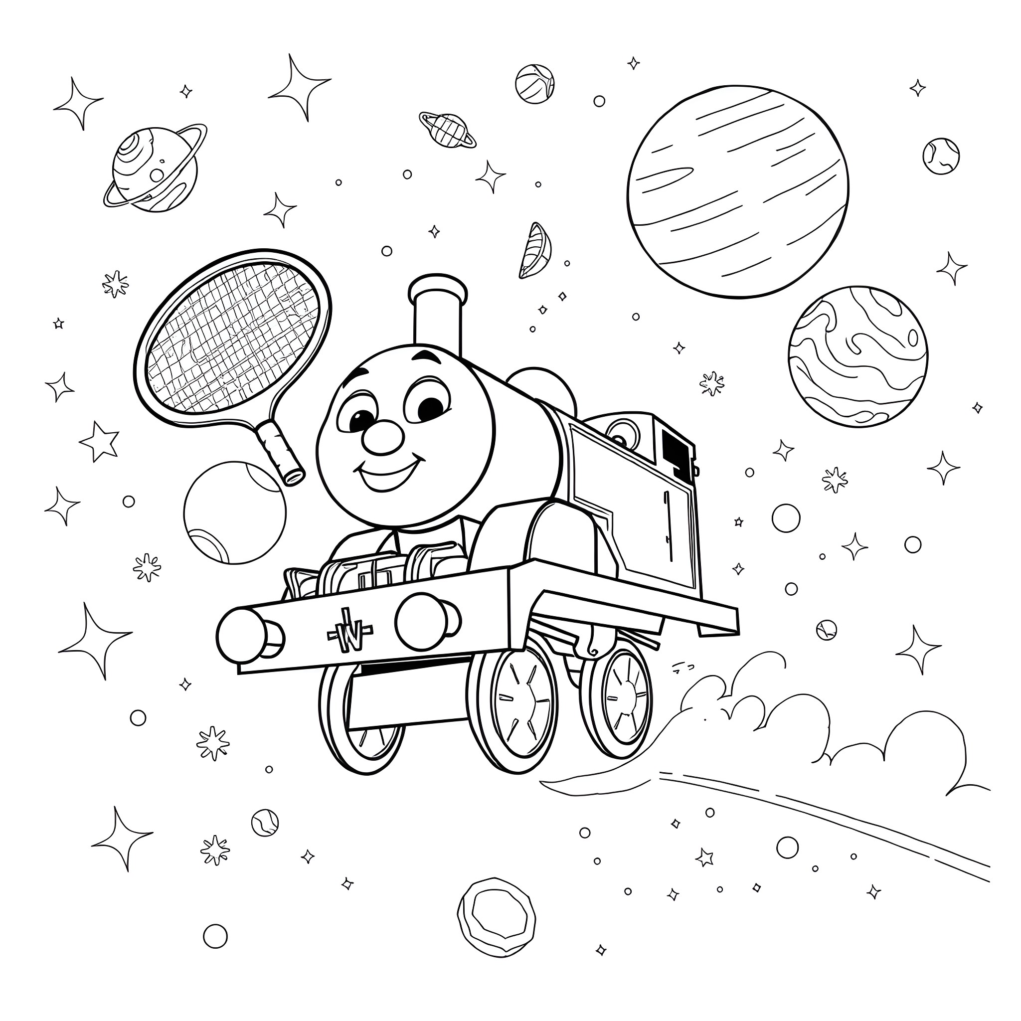 Thomas the Train Exploring Space with Racket Coloring Page (free black-and-white line drawing printable PDF for all, from beginners to advanced learners, including children, teens, adults, and seniors)