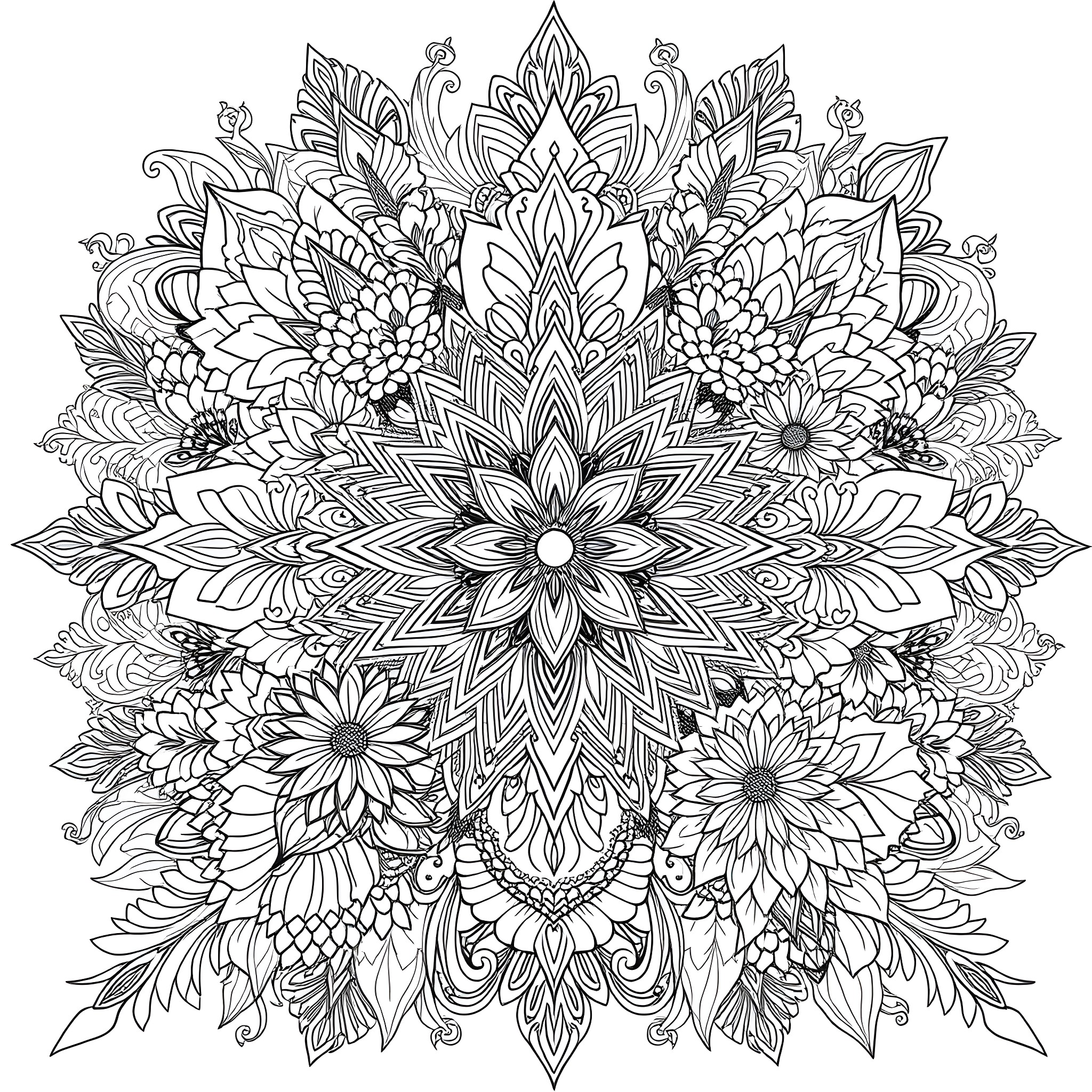 Sheet of Intricate Floral Patterns Coloring Page (free black-and-white line drawing printable PDF for all, from beginners to advanced learners, including children, teens, adults, and seniors)