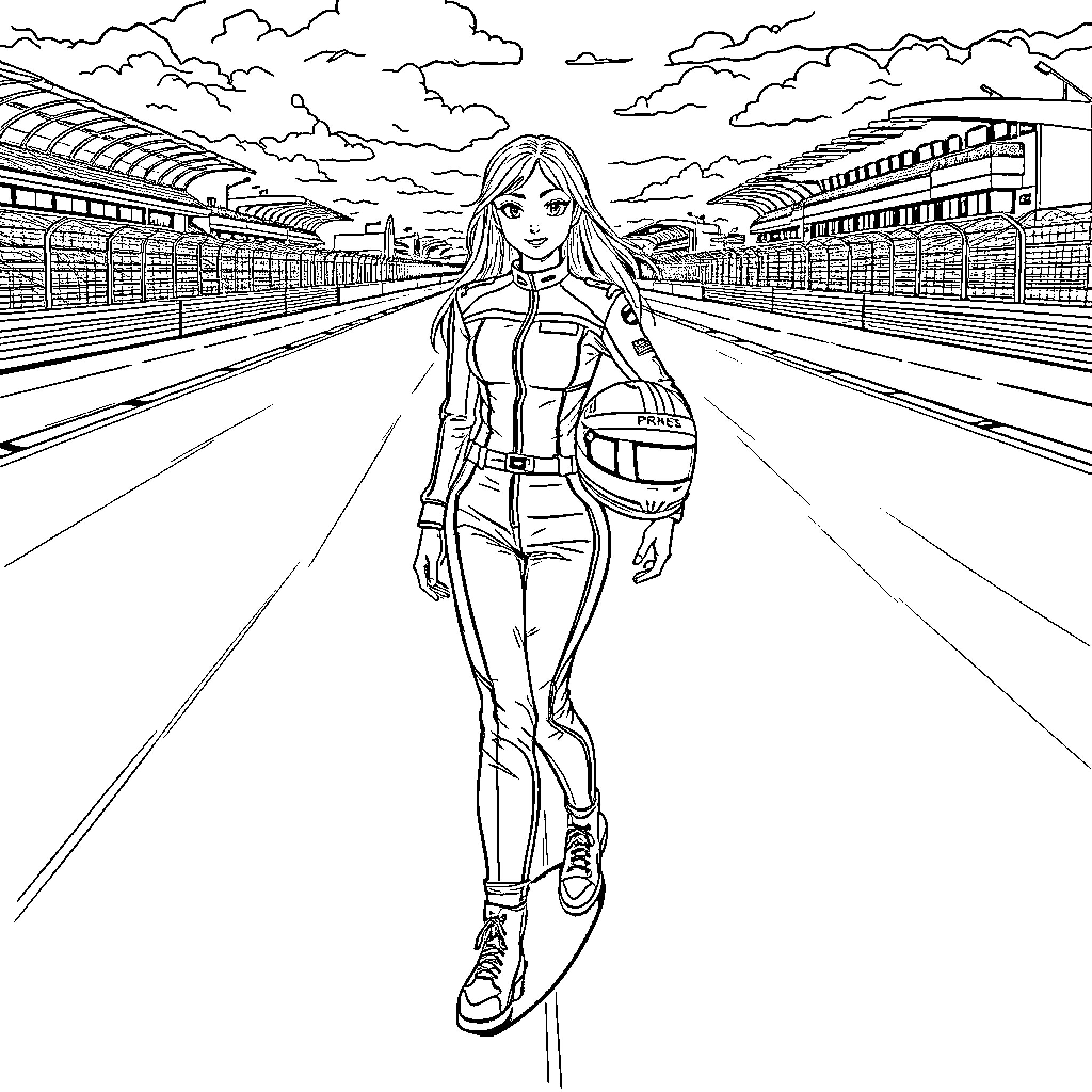 Racing Girl Speeds Down the Track Coloring Page (free black-and-white line drawing printable PDF for all, from beginners to advanced learners, including children, teens, adults, and seniors)