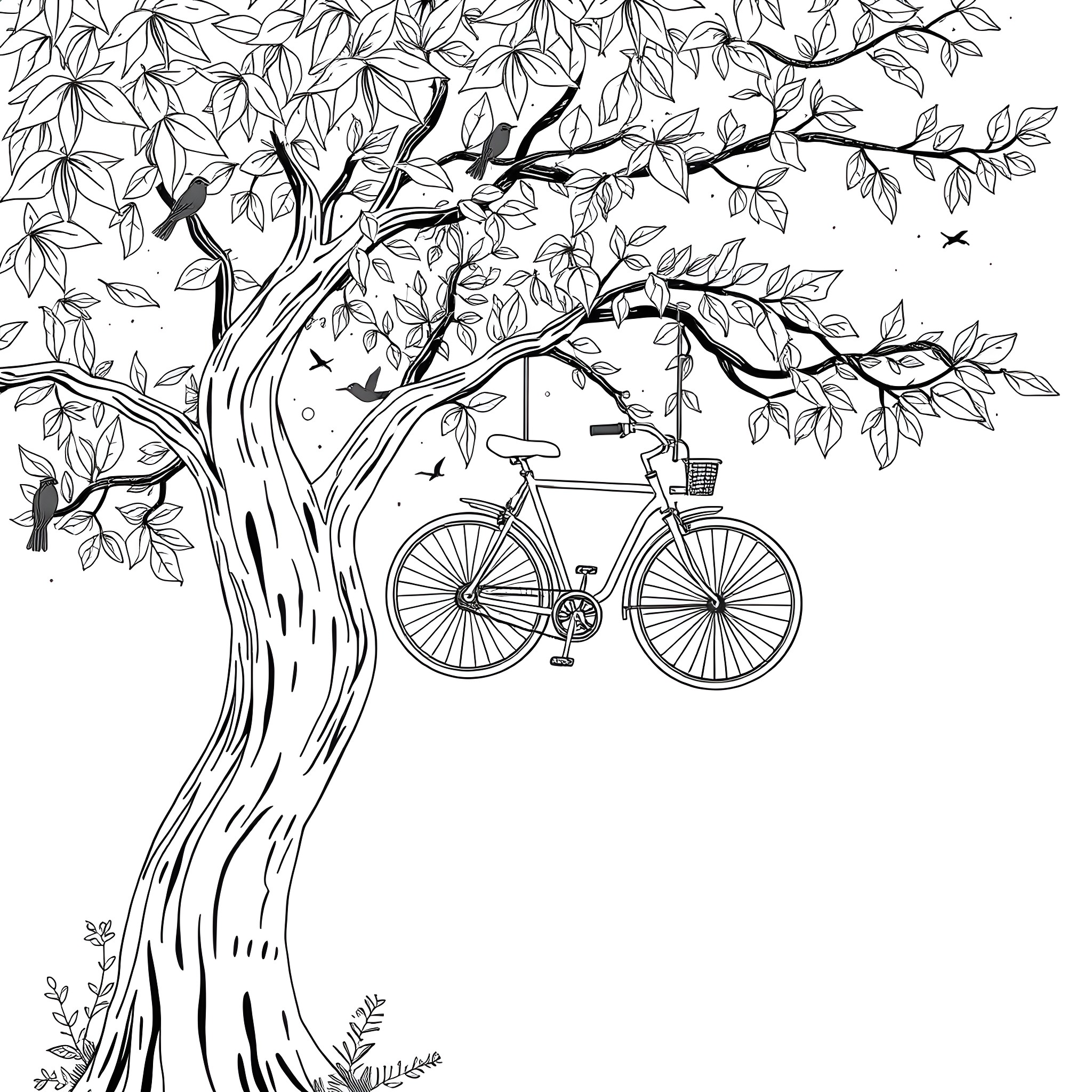 Bicycle swinging on tree branch in nature Coloring Page (free black-and-white line drawing printable PDF for all, from beginners to advanced learners, including children, teens, adults, and seniors)