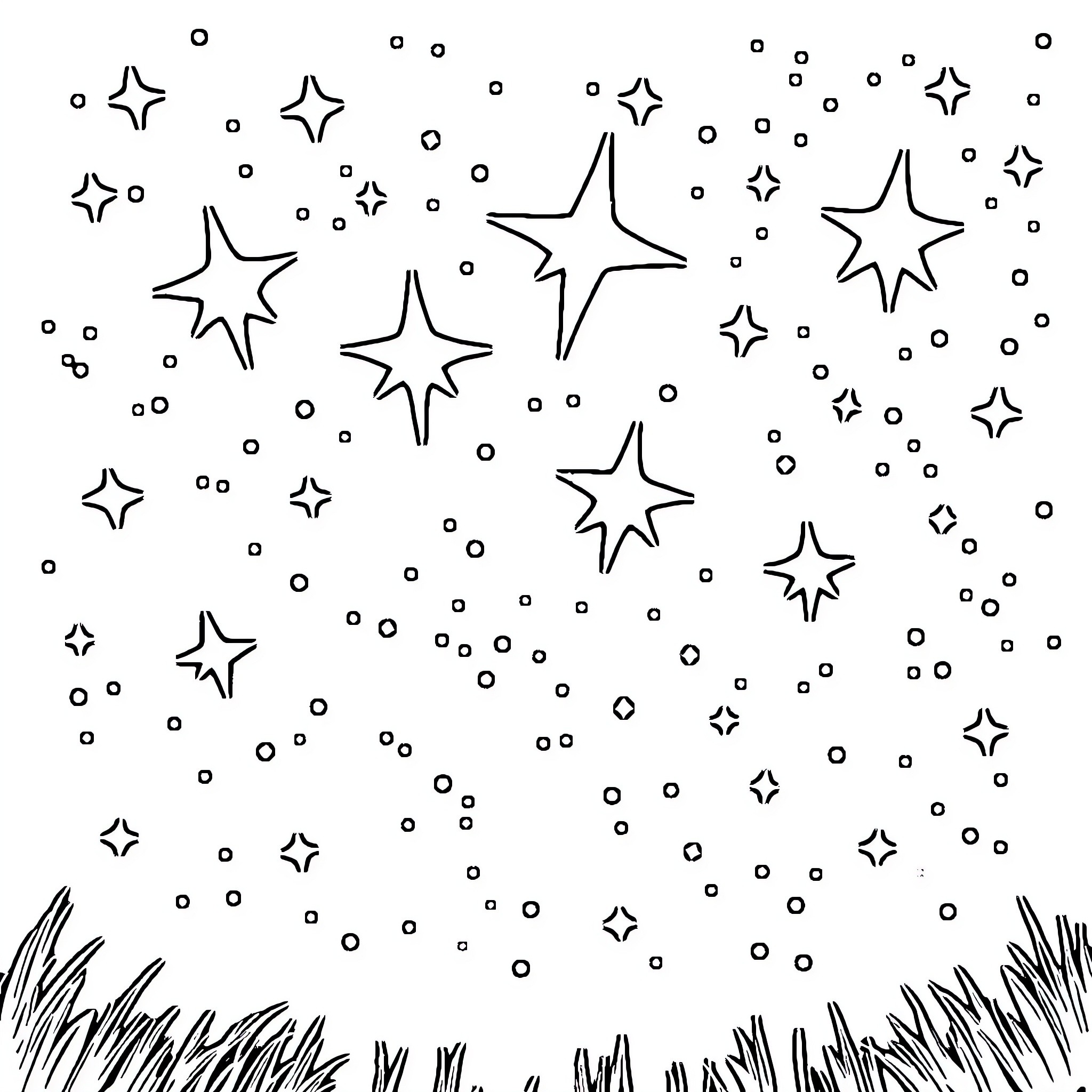 Star-shaped Celestial Scene with Twinkling Lights Coloring Page (free black-and-white line drawing printable PDF for all, from beginners to advanced learners, including children, teens, adults, and seniors)