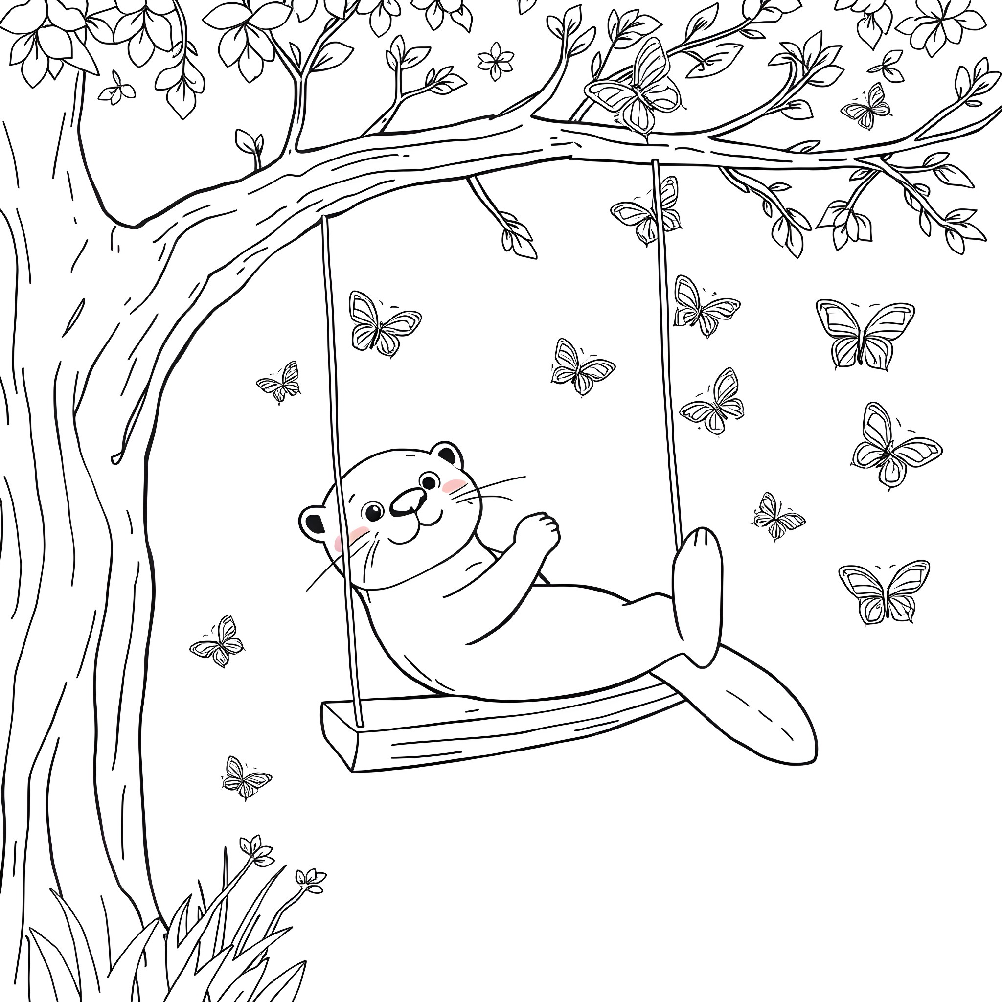 Otter playing happily on a swing in a flowery forest Coloring Page (free black-and-white line drawing printable PDF for all, from beginners to advanced learners, including children, teens, adults, and seniors)