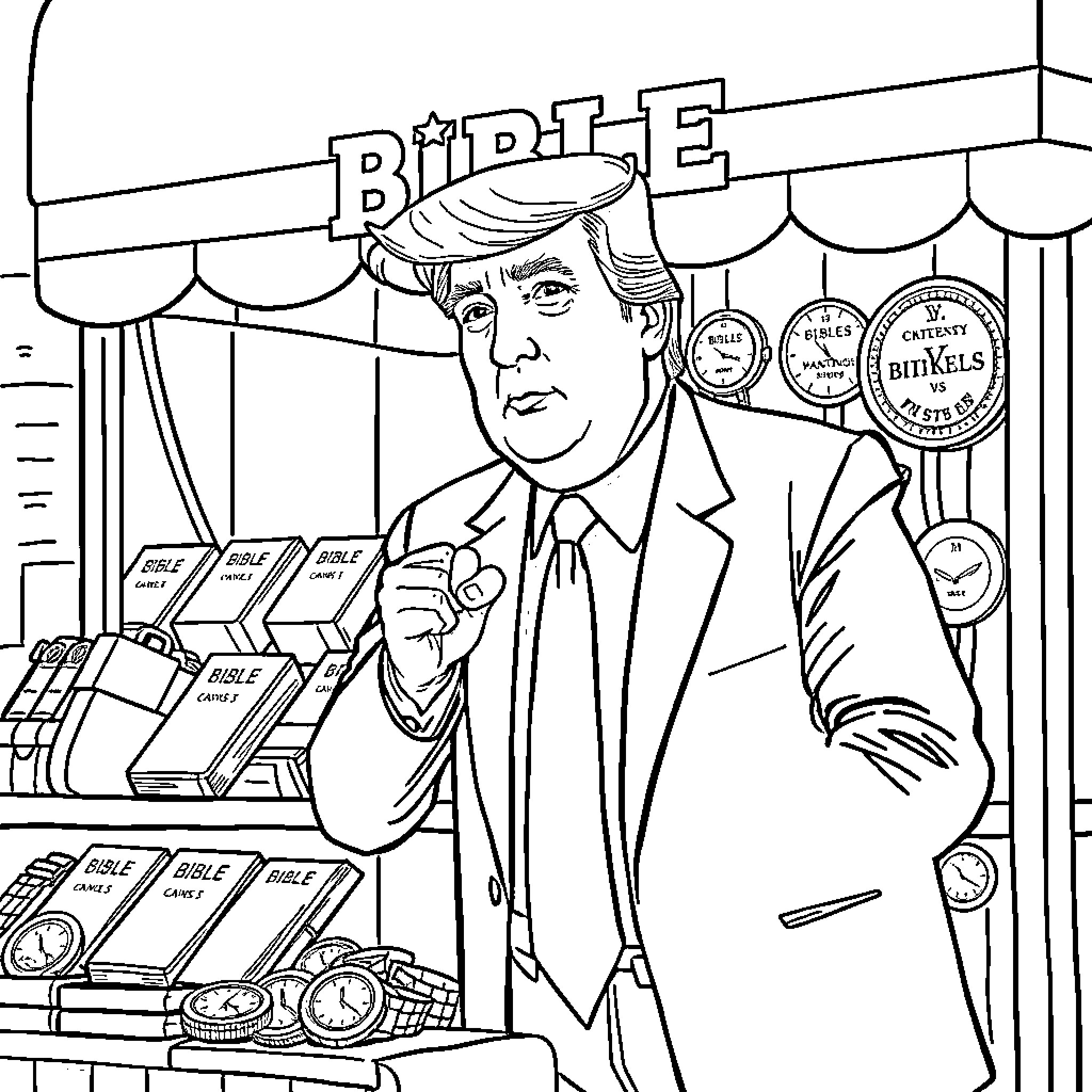 Trump Shopping at the Bible Store Coloring Page (free black-and-white line drawing printable PDF for all, from beginners to advanced learners, including children, teens, adults, and seniors)
