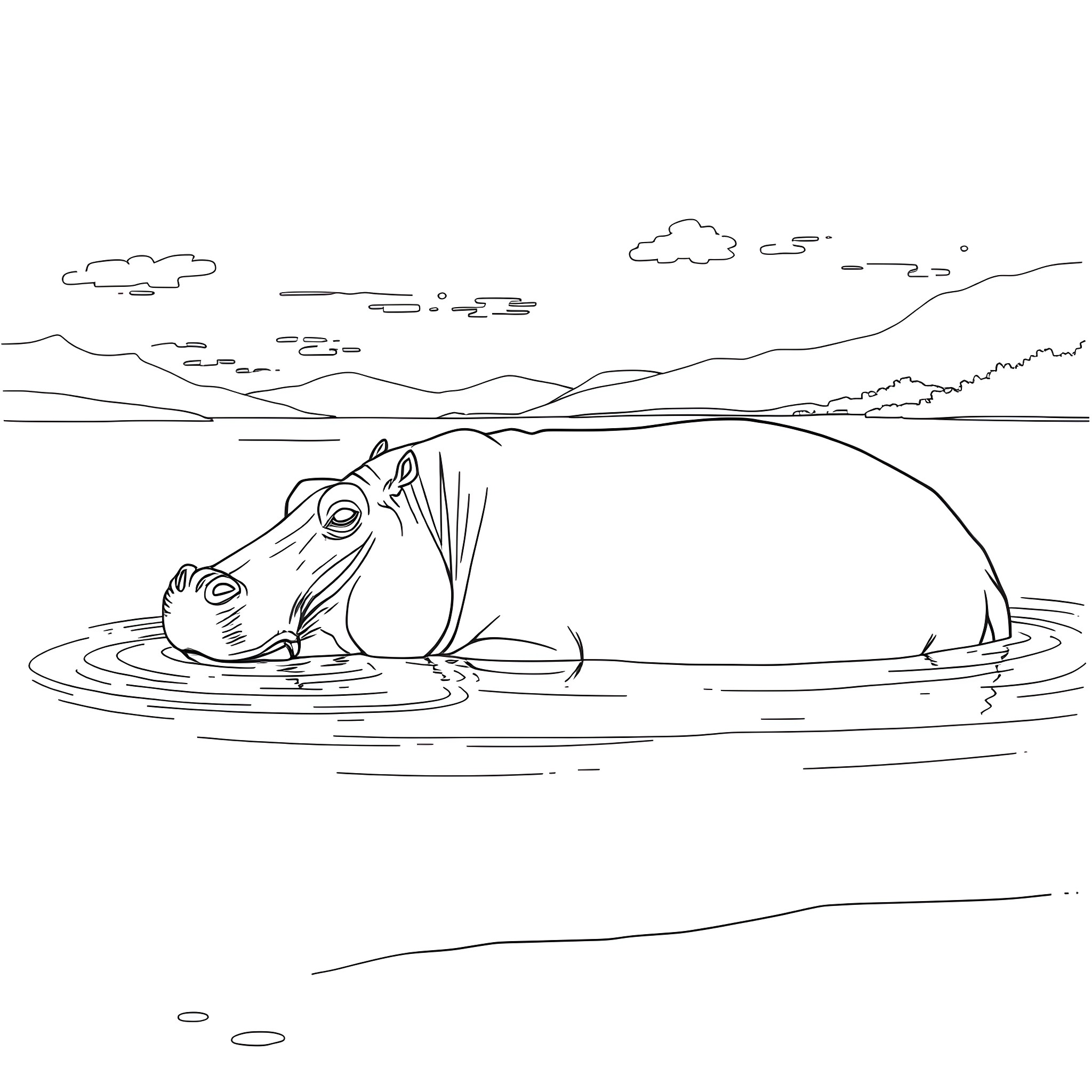 Hippopotamus Submerged in Serene Waterscape Coloring Page (free black-and-white line drawing printable PDF for all, from beginners to advanced learners, including children, teens, adults, and seniors)
