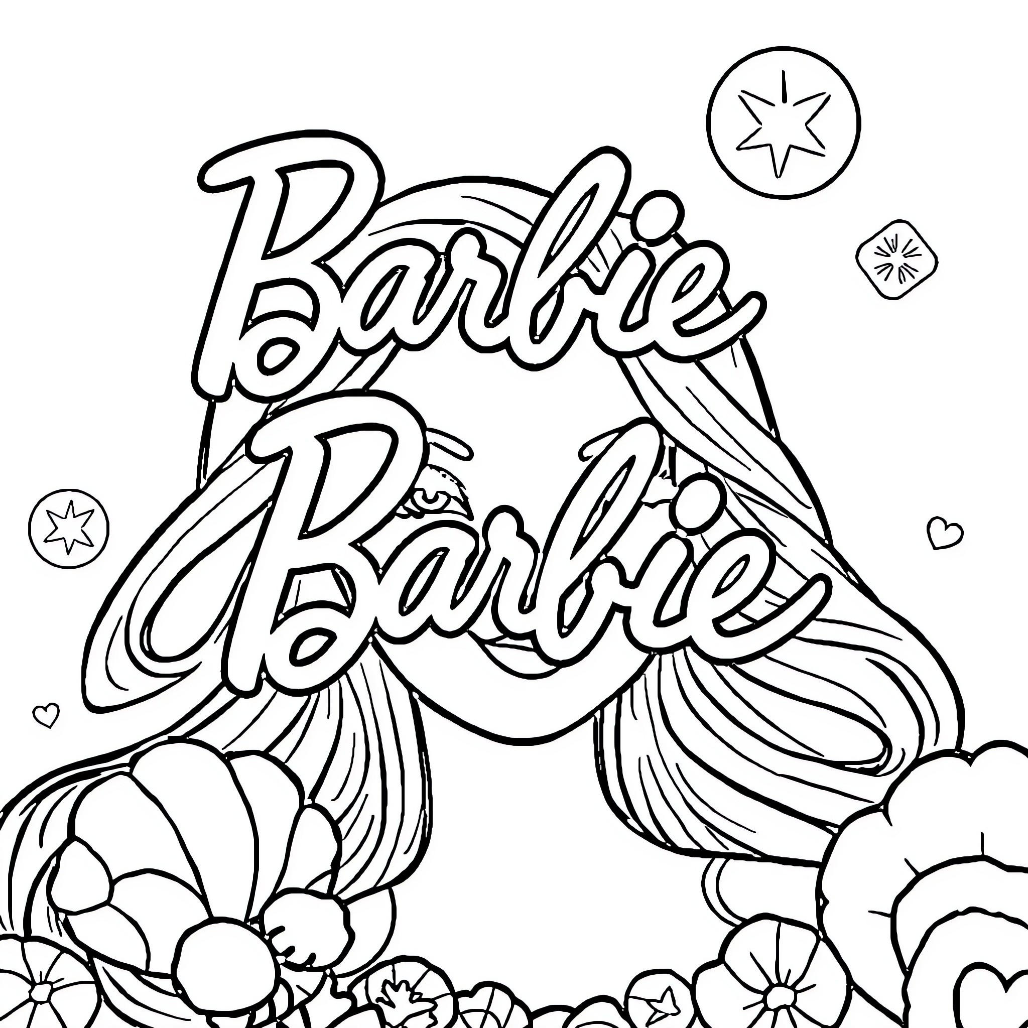 Barbie Coloring Page with Floral Elements Coloring Page (free black-and-white line drawing printable PDF for all, from beginners to advanced learners, including children, teens, adults, and seniors)