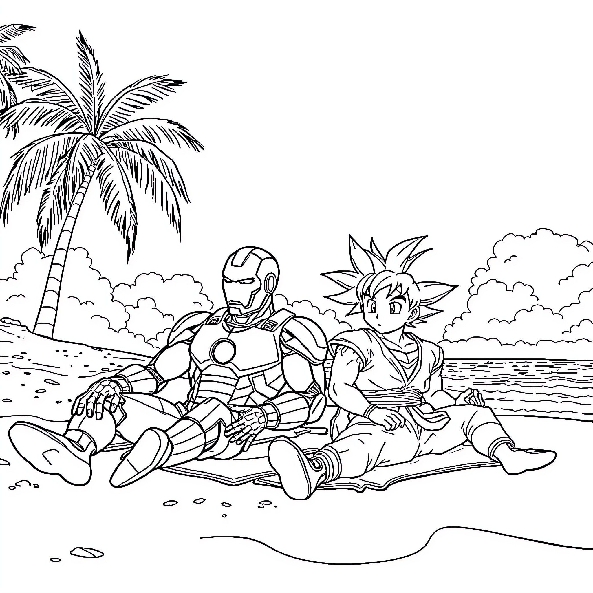 Iron Man and Goku relaxing on the beach Coloring Page (free black-and-white line drawing printable PDF for all, from beginners to advanced learners, including children, teens, adults, and seniors)