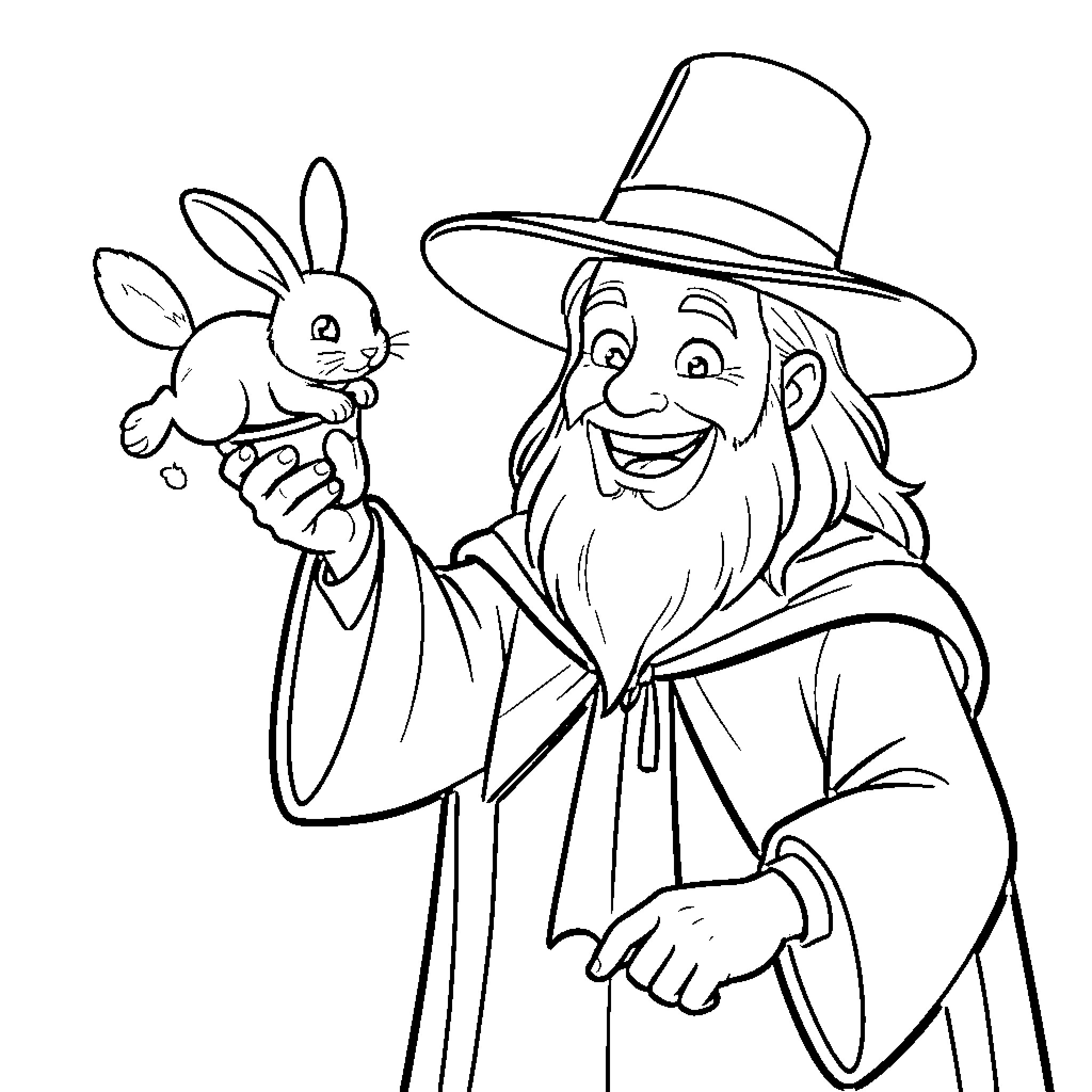 Mago and the Friendly Rabbit Coloring Page (free black-and-white line drawing printable PDF for all, from beginners to advanced learners, including children, teens, adults, and seniors)