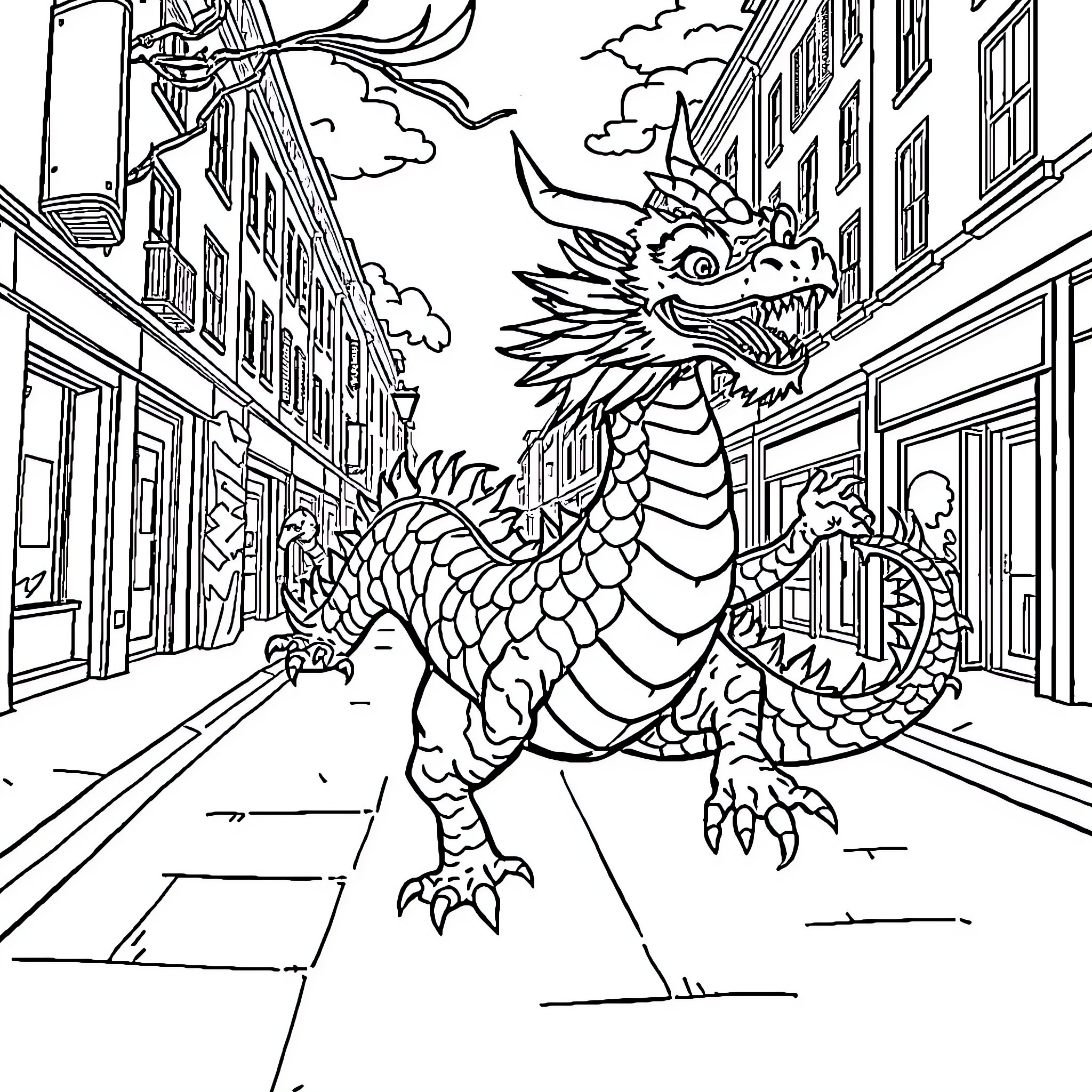 Dragon Roaming the City Streets Coloring Page (free black-and-white line drawing printable PDF for all, from beginners to advanced learners, including children, teens, adults, and seniors)