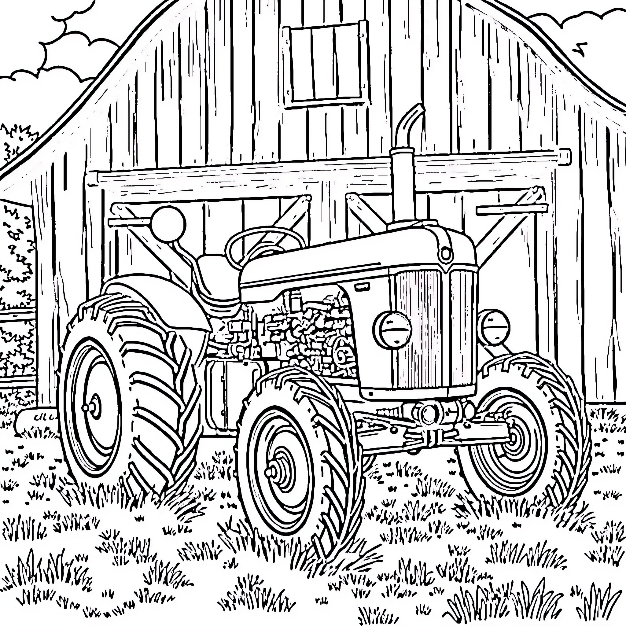 Tractor parked near rustic barn in rural setting Coloring Page (free black-and-white line drawing printable PDF for all, from beginners to advanced learners, including children, teens, adults, and seniors)