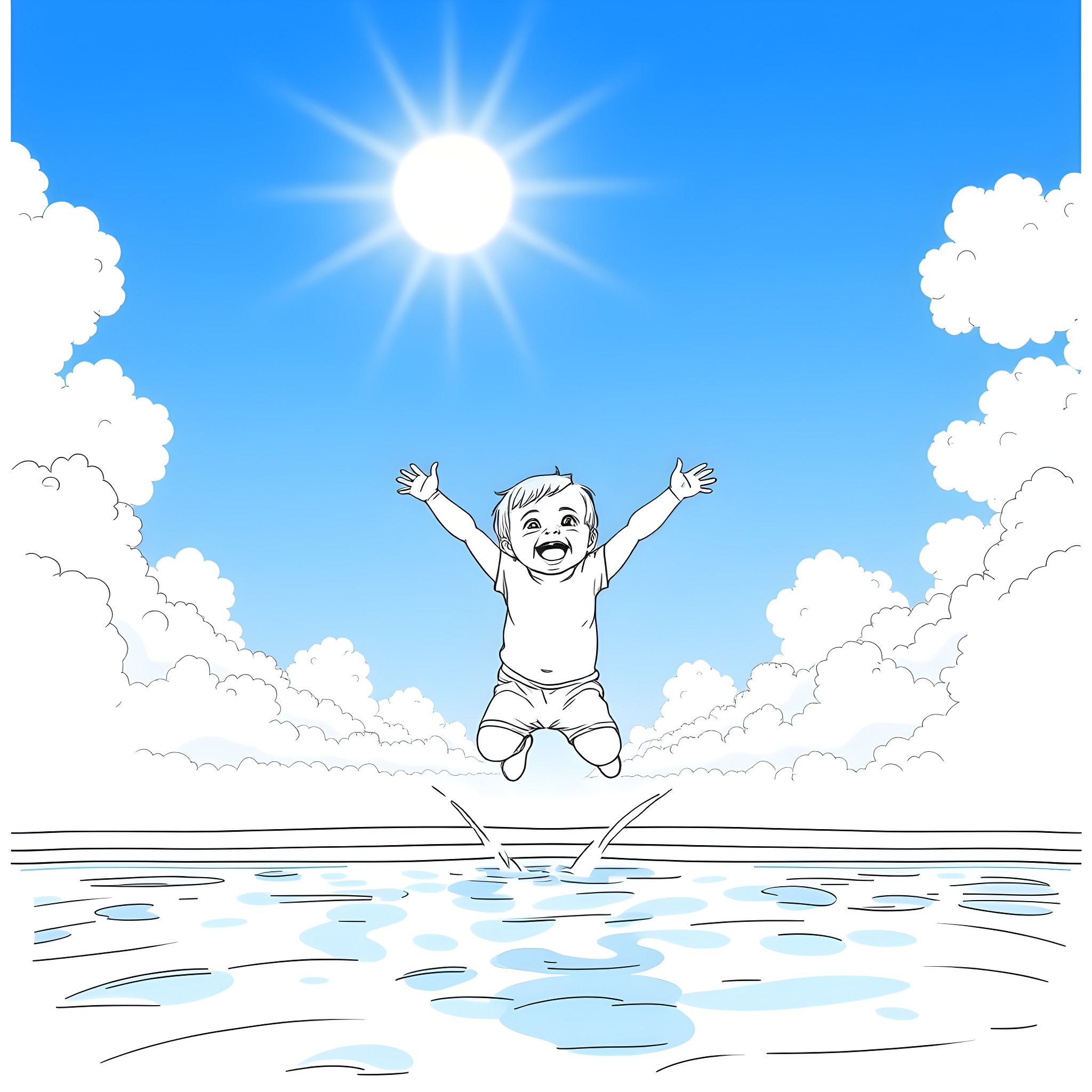 Baby jumping happily in the sunny sky Coloring Page (free black-and-white line drawing printable PDF for all, from beginners to advanced learners, including children, teens, adults, and seniors)