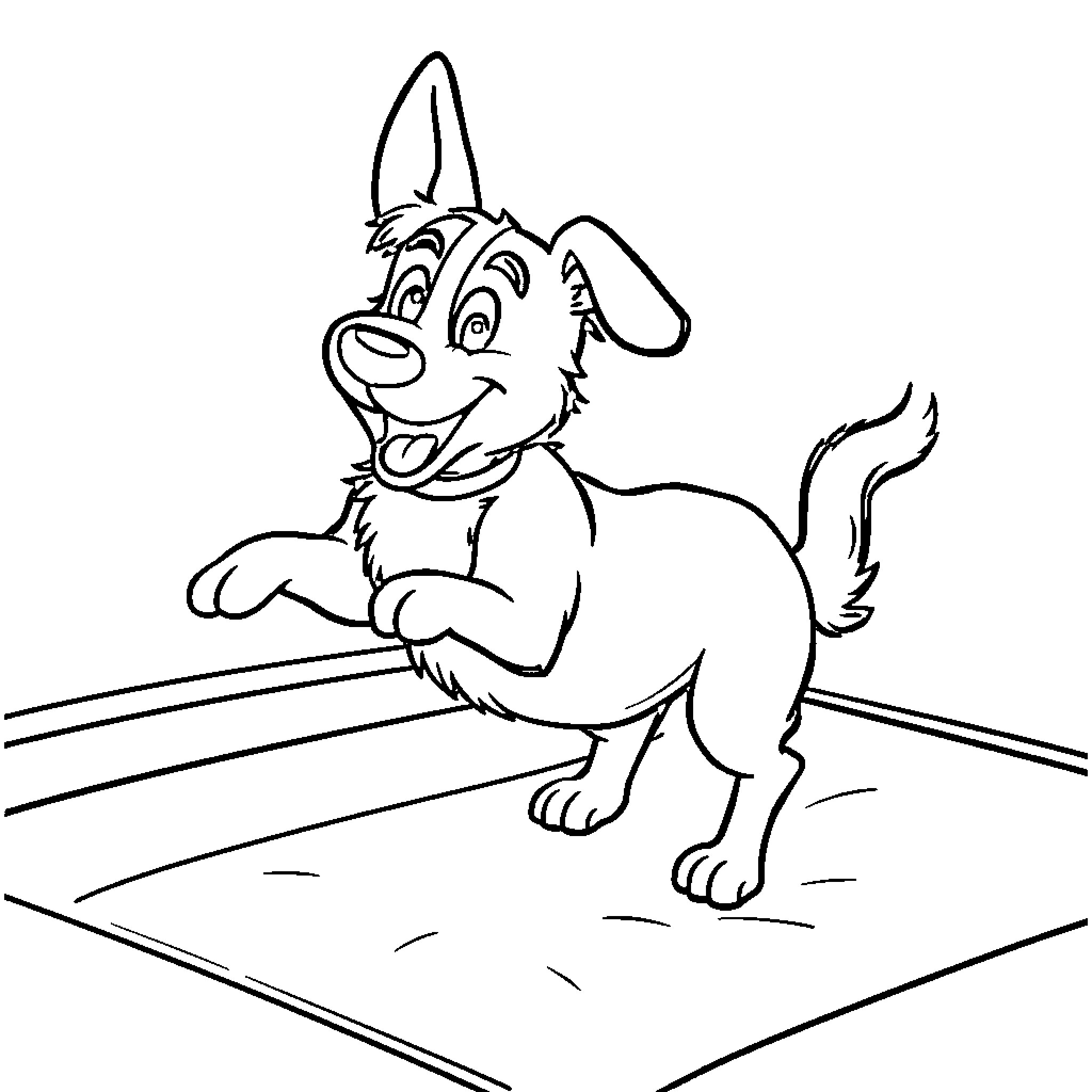 Dog playing joyfully in a simple setting Coloring Page (free black-and-white line drawing printable PDF for all, from beginners to advanced learners, including children, teens, adults, and seniors)