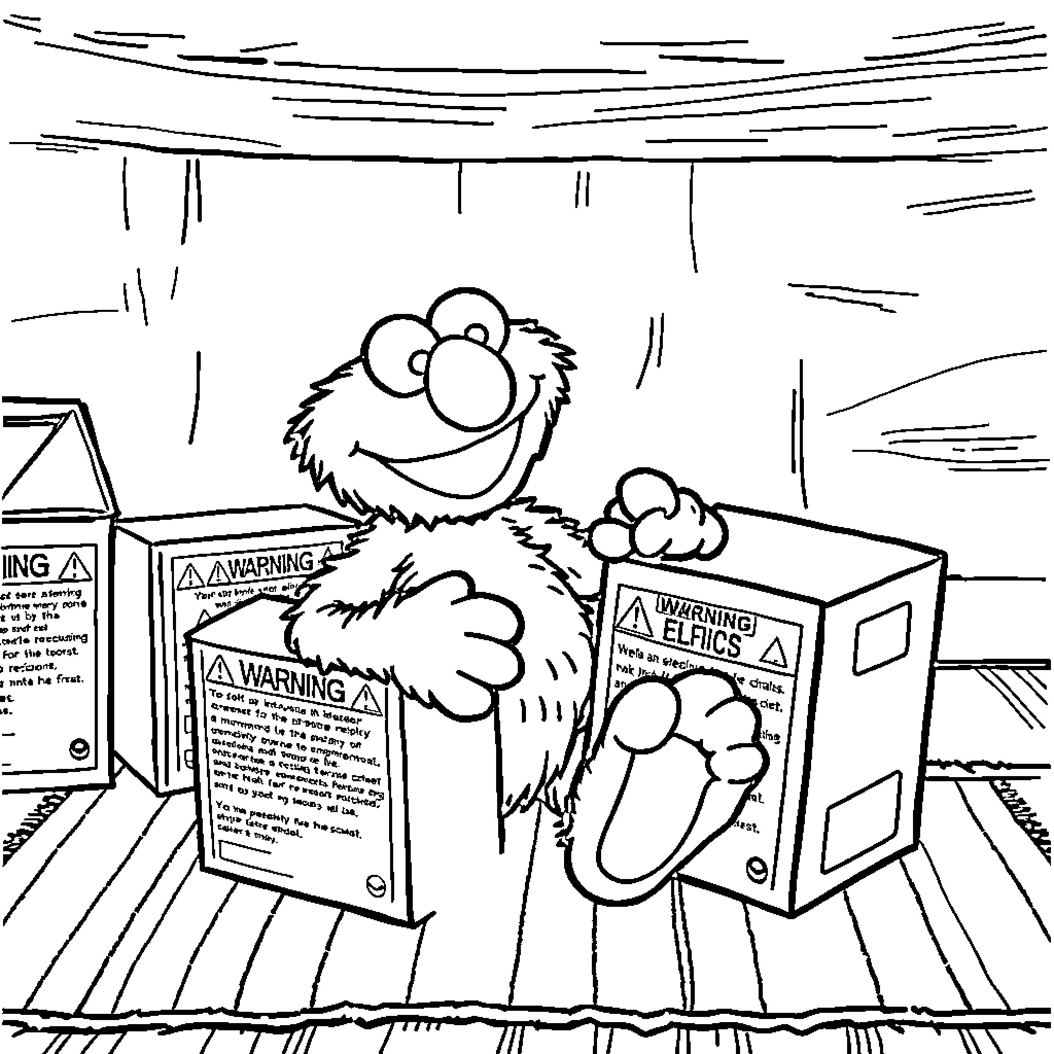 Elmo exploring mysterious boxes in a dark room Coloring Page (free black-and-white line drawing printable PDF for all, from beginners to advanced learners, including children, teens, adults, and seniors)