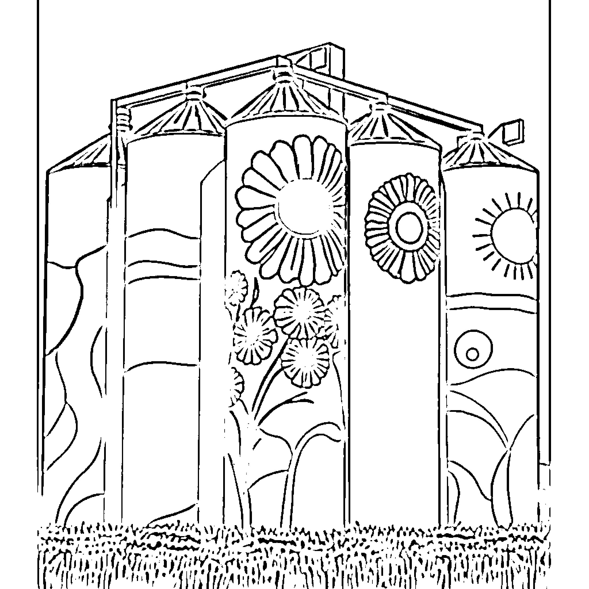 Silo with vibrant floral patterns Coloring Page (free black-and-white line drawing printable PDF for all, from beginners to advanced learners, including children, teens, adults, and seniors)