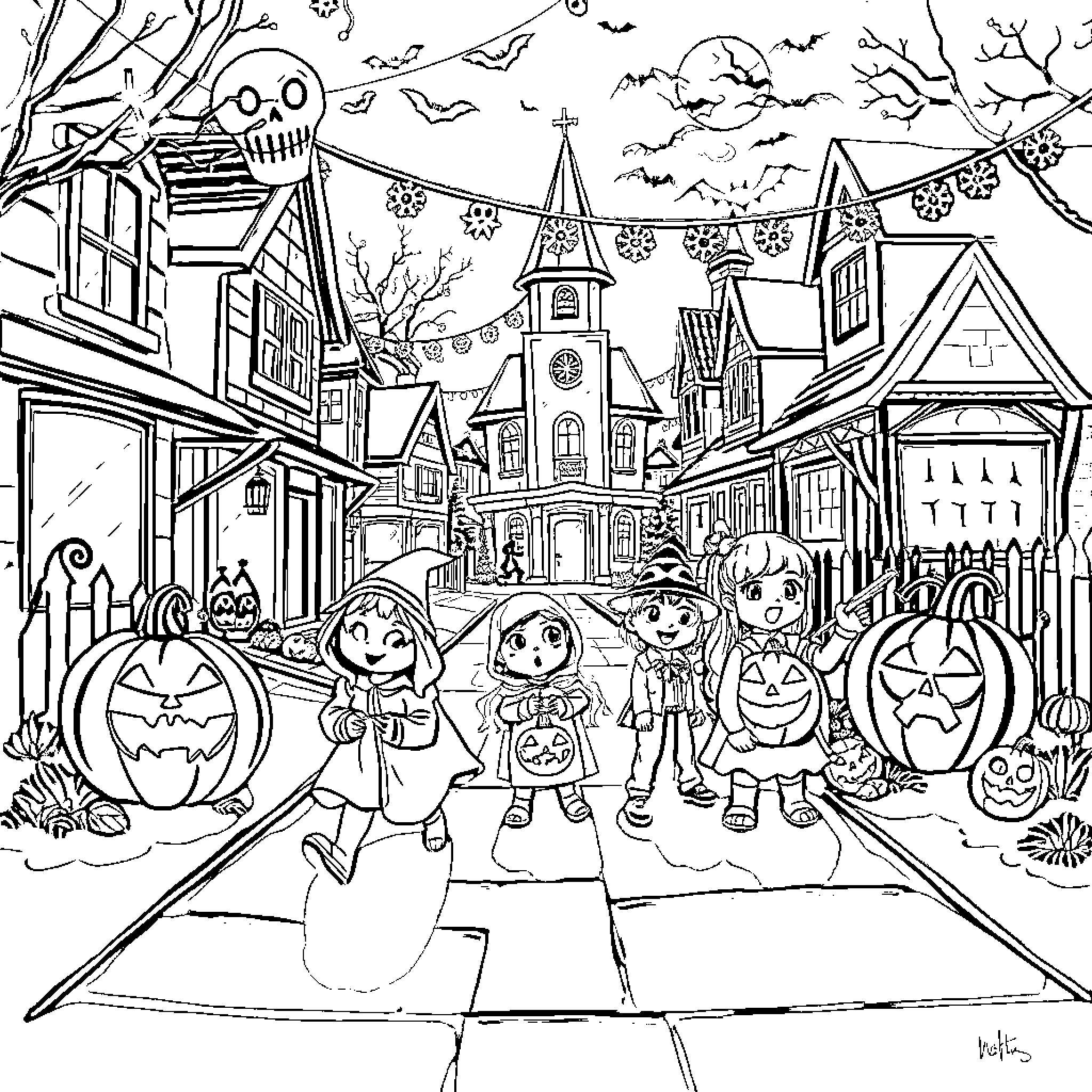 Halloween Celebration in a Spooky Town Coloring Page (free black-and-white line drawing printable PDF for all, from beginners to advanced learners, including children, teens, adults, and seniors)