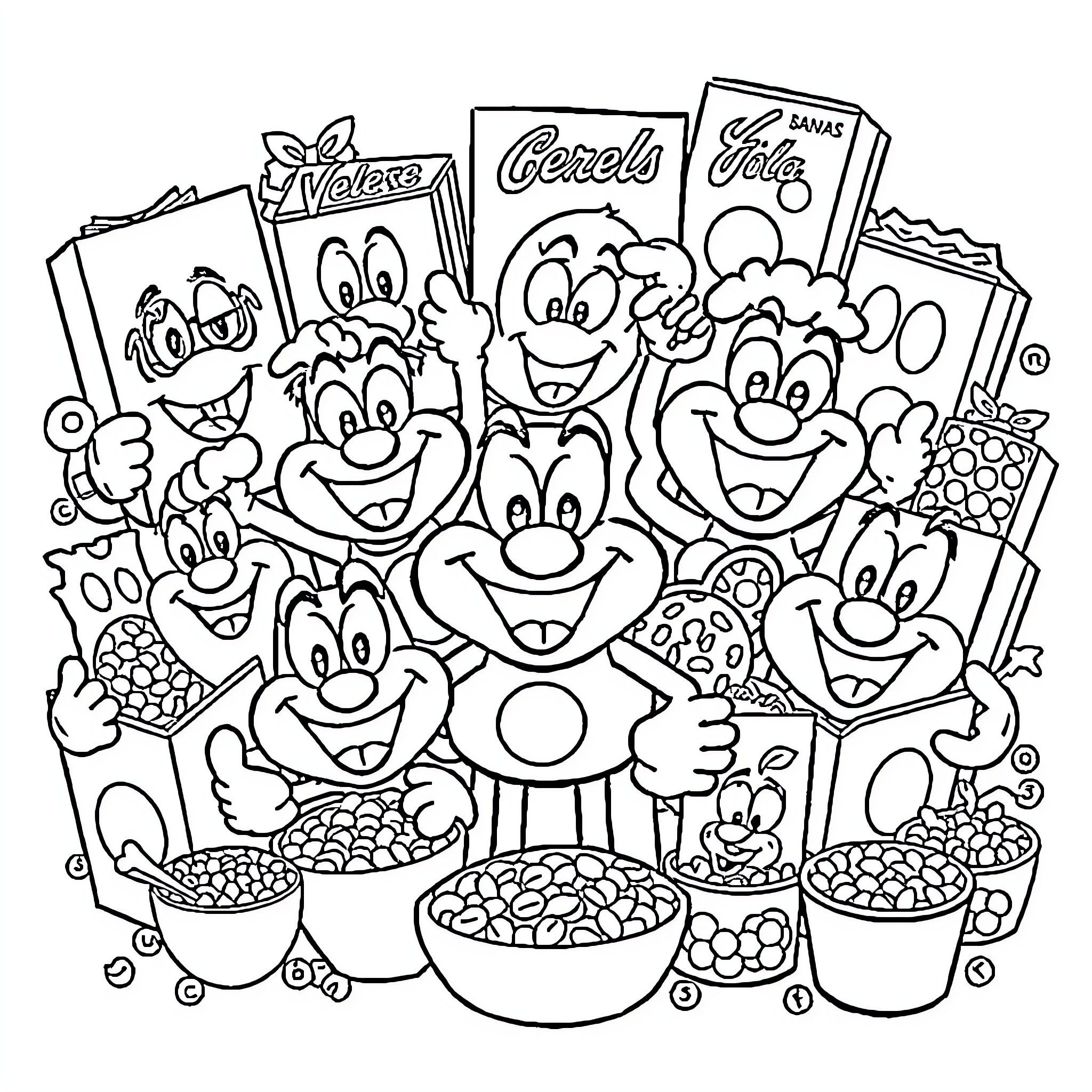 Cereal Mascot Caricatures Enjoying Breakfast Coloring Page (free black-and-white line drawing printable PDF for all, from beginners to advanced learners, including children, teens, adults, and seniors)
