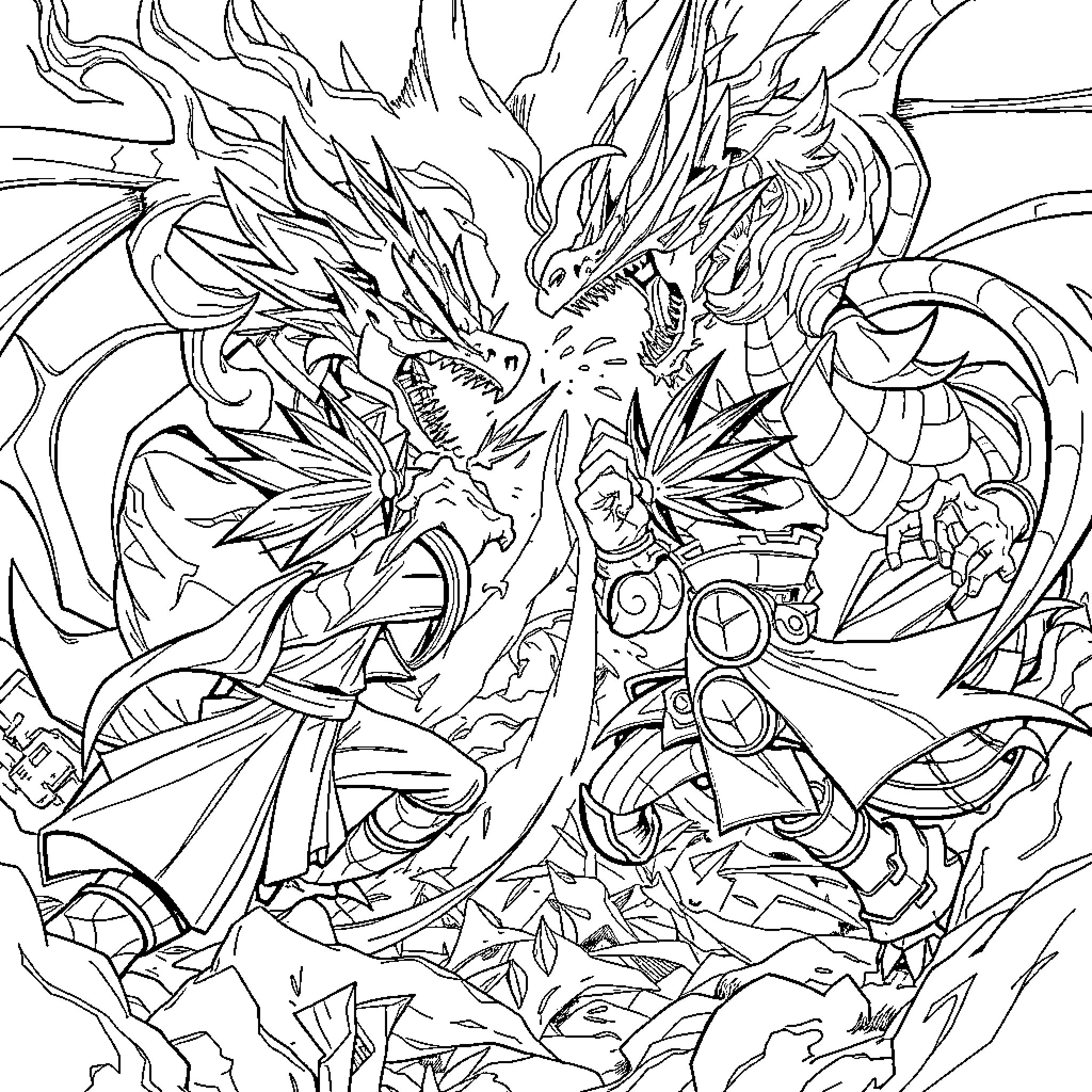 Yu-Gi-Oh Mystical Dragons Battling Fiercely Coloring Page (free black-and-white line drawing printable PDF for all, from beginners to advanced learners, including children, teens, adults, and seniors)