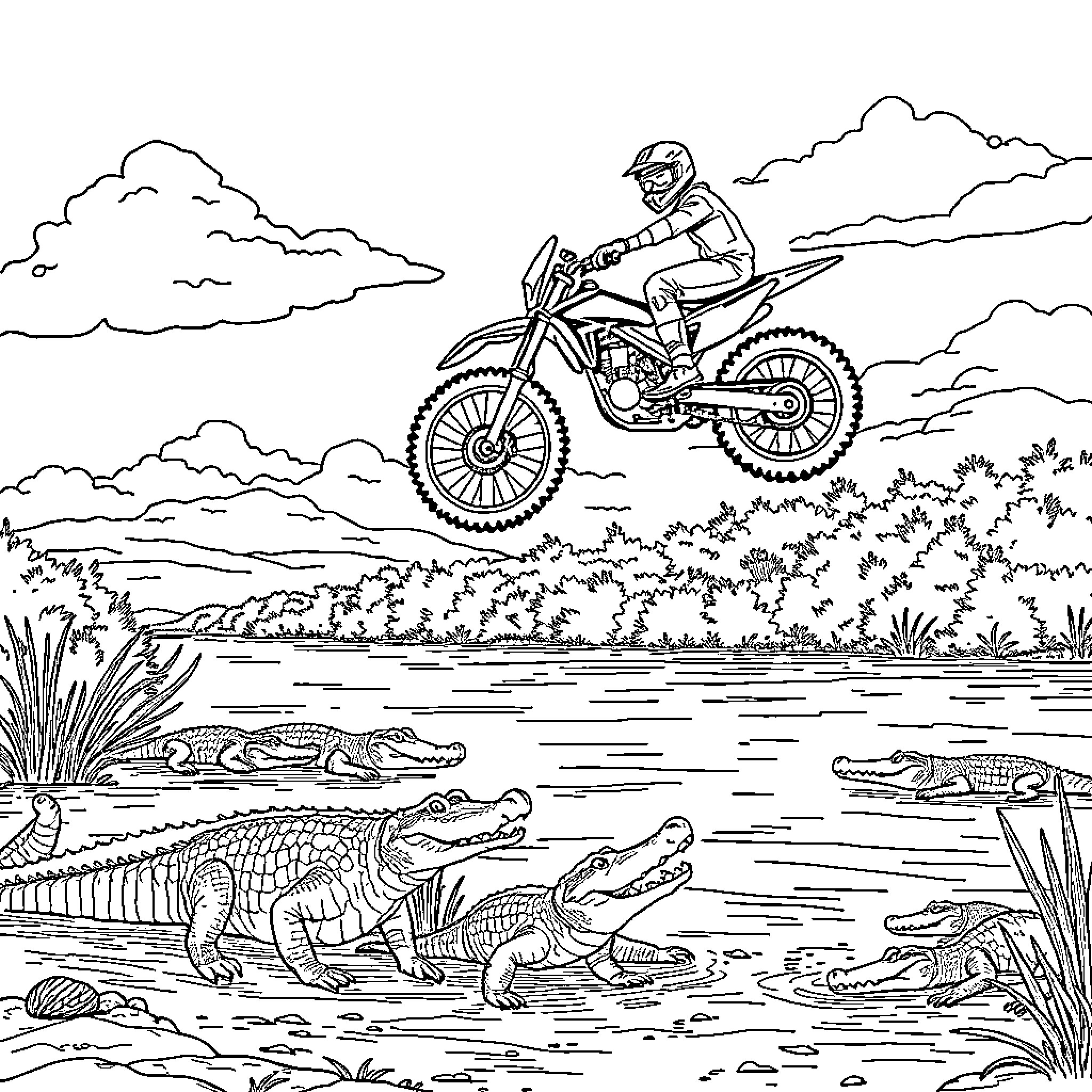 Honda MX Bike rider jumps over alligator-filled pond Coloring Page (free black-and-white line drawing printable PDF for all, from beginners to advanced learners, including children, teens, adults, and seniors)