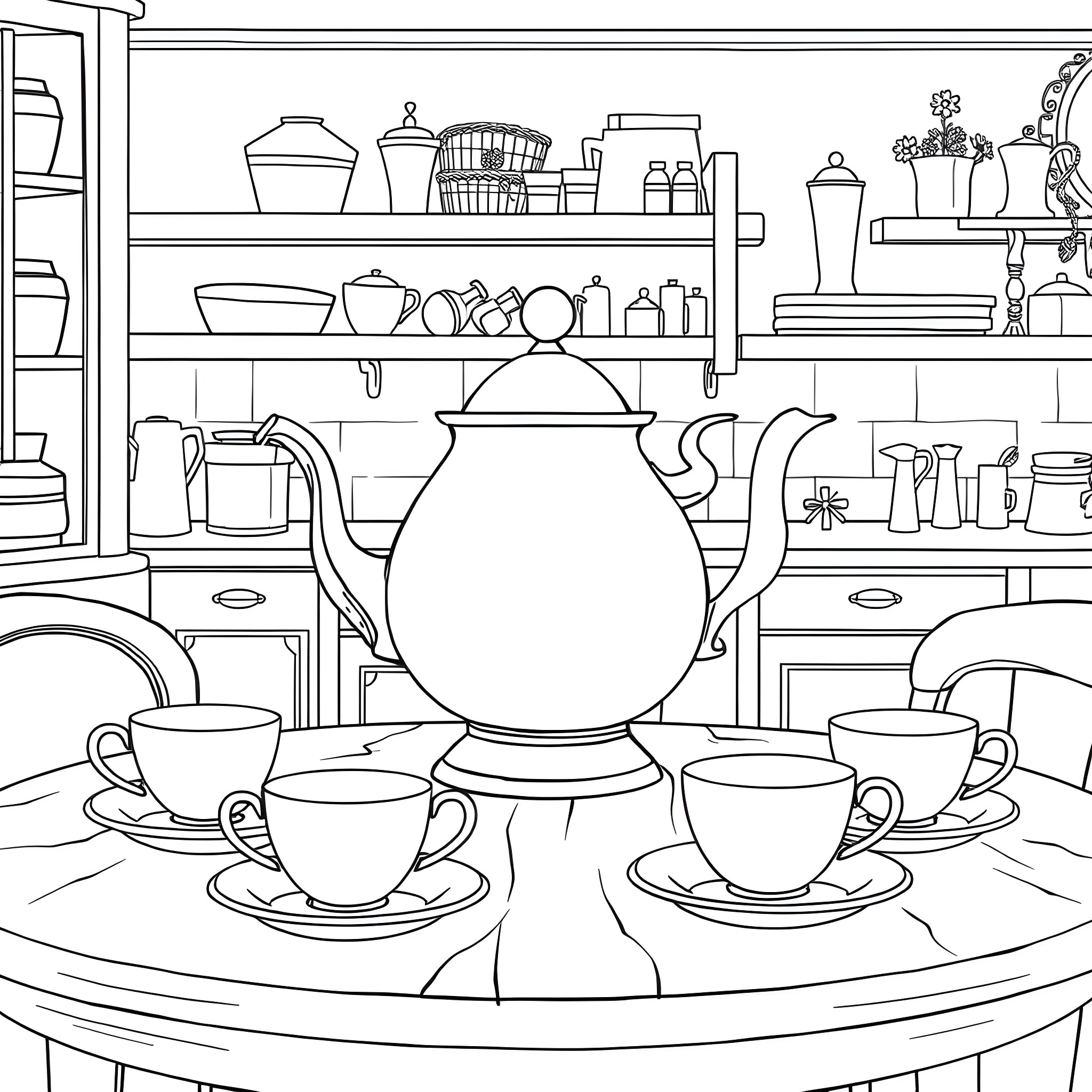 Mrs Potts' Kitchen with Tea Set Coloring Page (free black-and-white line drawing printable PDF for all, from beginners to advanced learners, including children, teens, adults, and seniors)