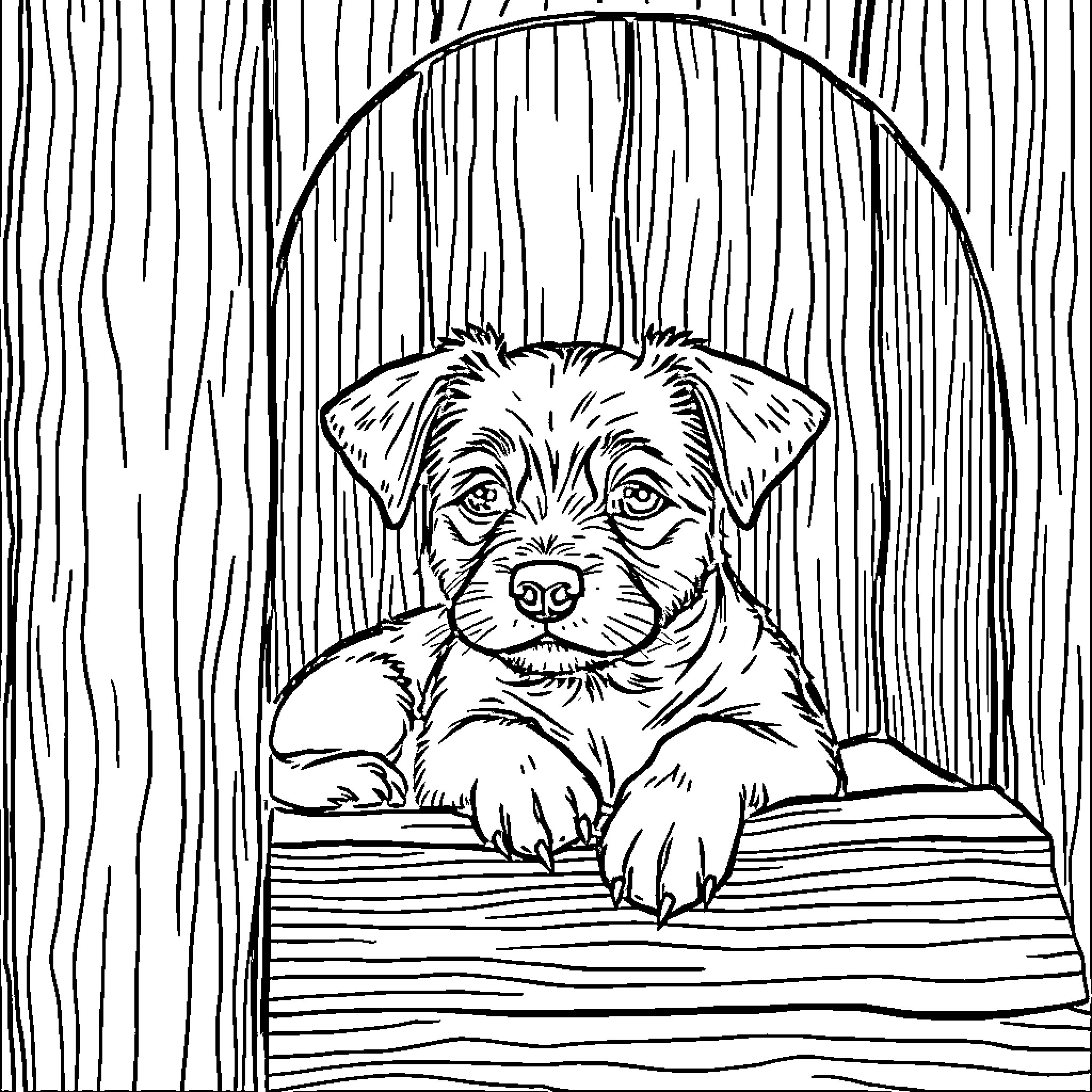 Dog peering out from wooden frame Coloring Page (free black-and-white line drawing printable PDF for all, from beginners to advanced learners, including children, teens, adults, and seniors)