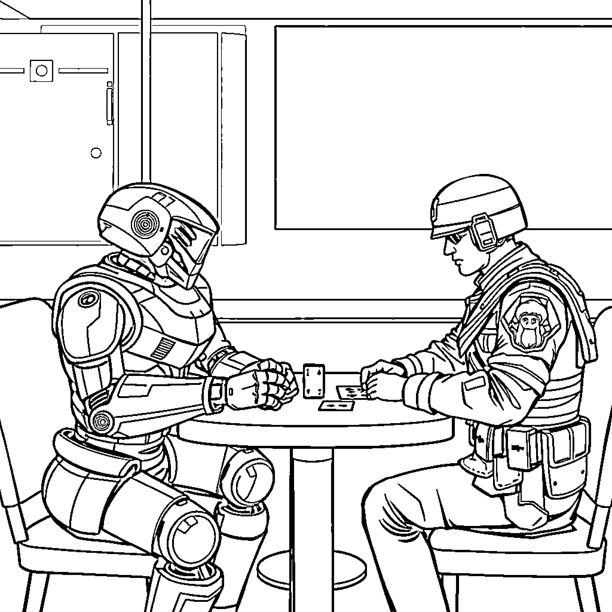 Robot colleagues discussing work in futuristic office Coloring Page (free black-and-white line drawing printable PDF for all, from beginners to advanced learners, including children, teens, adults, and seniors)