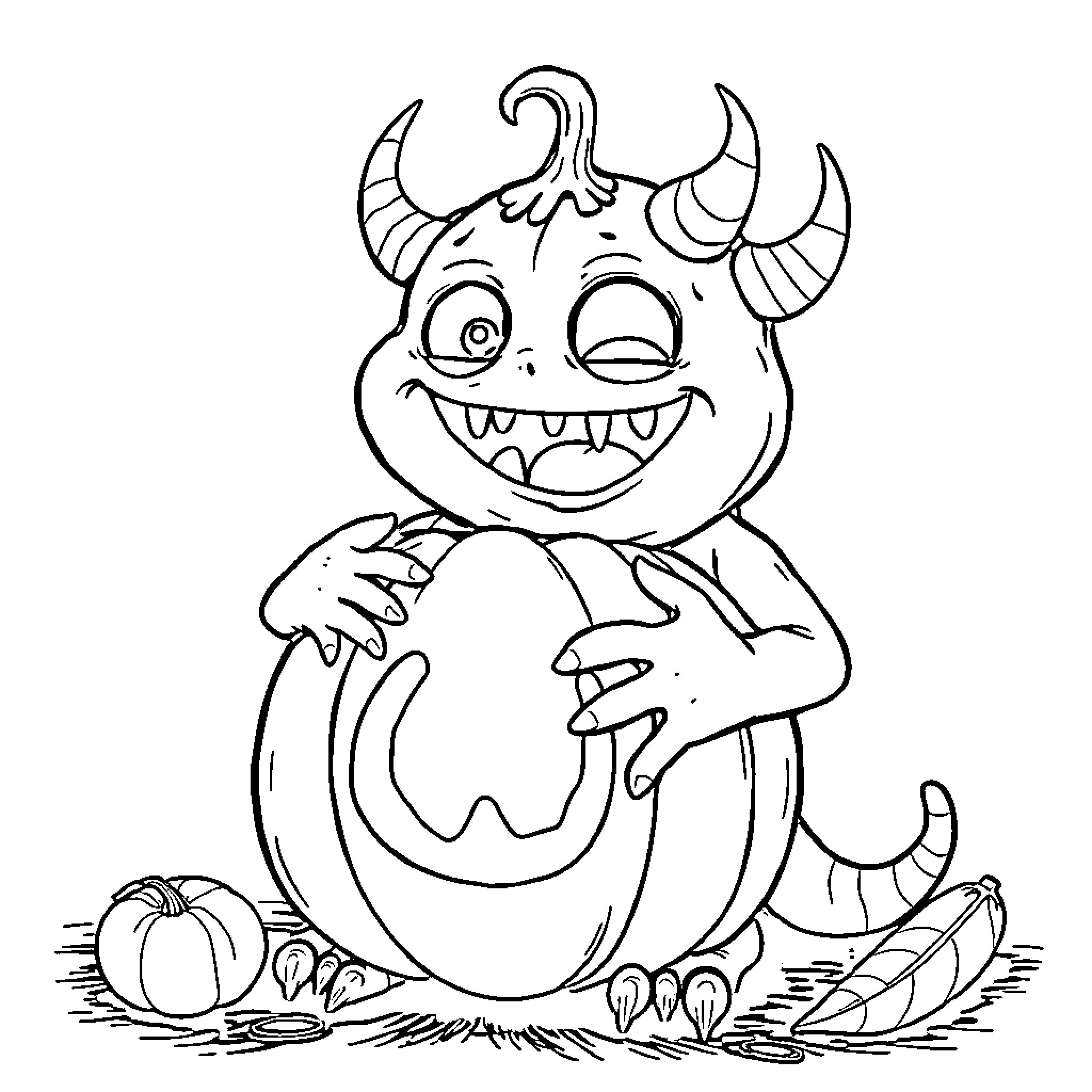 Monster Grinning Happily with Pumpkin and Vegetables Coloring Page (free black-and-white line drawing printable PDF for all, from beginners to advanced learners, including children, teens, adults, and seniors)