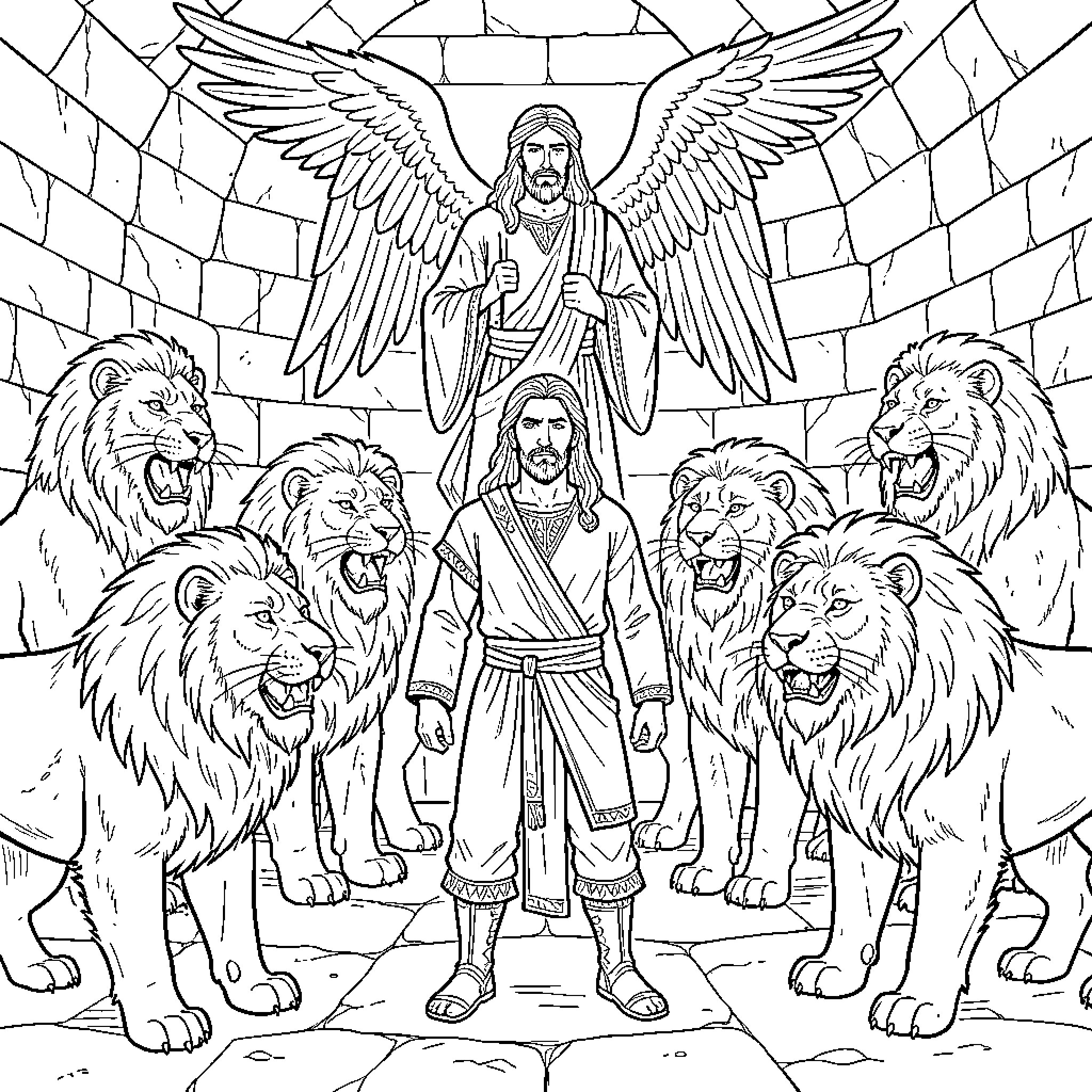 Daniel's Encounter with Lions and Angels Coloring Page (free black-and-white line drawing printable PDF for all, from beginners to advanced learners, including children, teens, adults, and seniors)