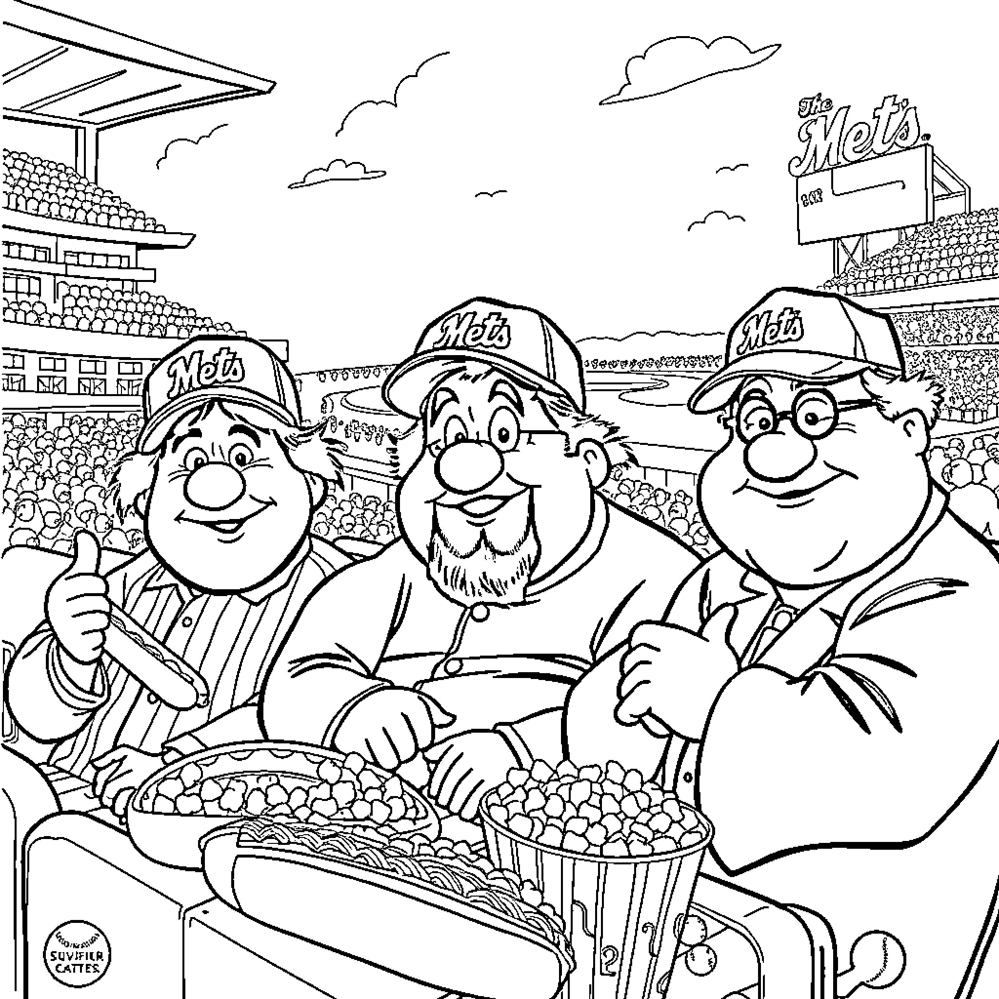 Three Stooges Selling Popcorn at the Baseball Game Coloring Page (free black-and-white line drawing printable PDF for all, from beginners to advanced learners, including children, teens, adults, and seniors)
