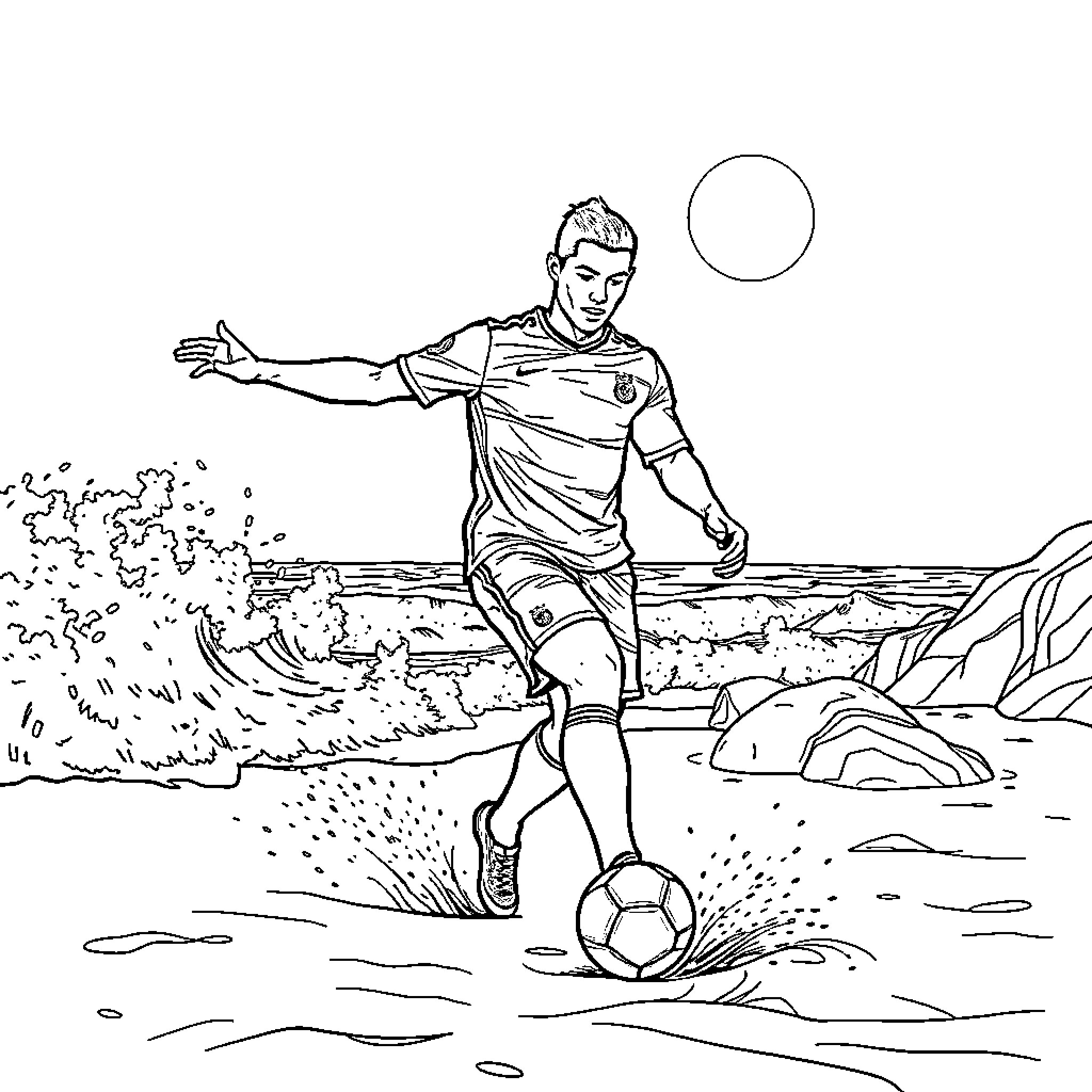 Cristiano Ronaldo playing soccer on the beach Coloring Page (free black-and-white line drawing printable PDF for all, from beginners to advanced learners, including children, teens, adults, and seniors)
