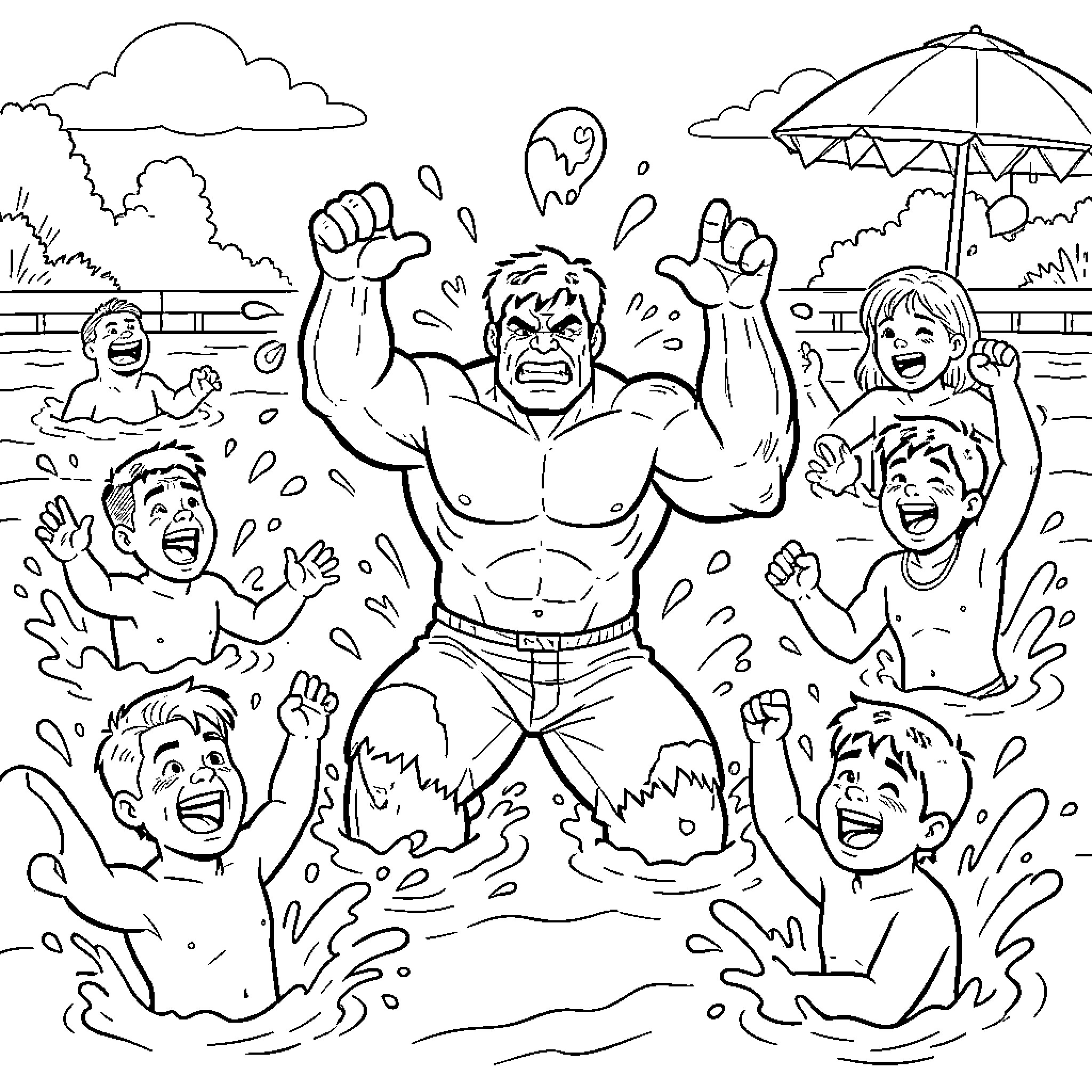 Hulk roaring joyfully while playing in a pool Coloring Page (free black-and-white line drawing printable PDF for all, from beginners to advanced learners, including children, teens, adults, and seniors)