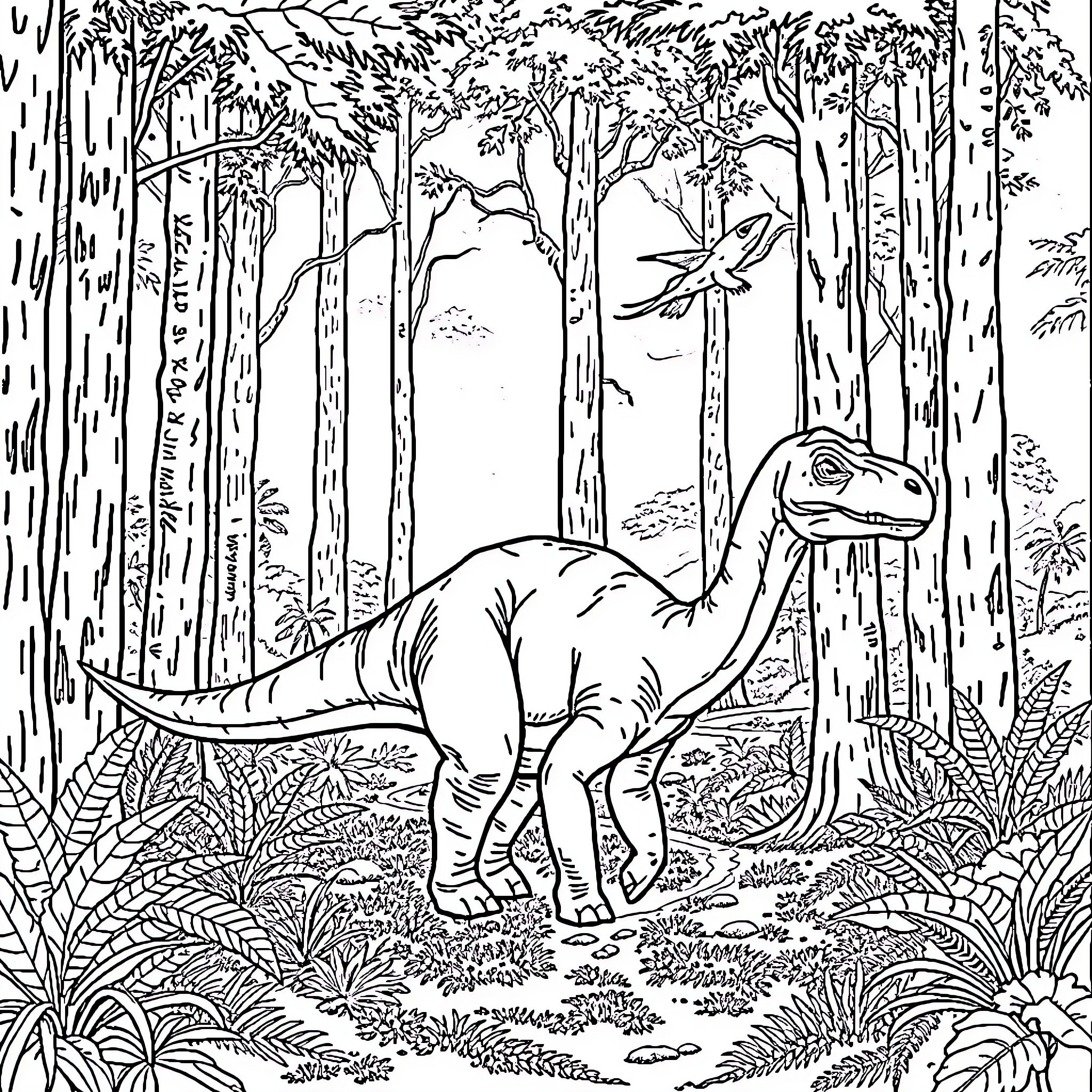 Brontosaurus exploring the lush prehistoric forest Coloring Page (free black-and-white line drawing printable PDF for all, from beginners to advanced learners, including children, teens, adults, and seniors)