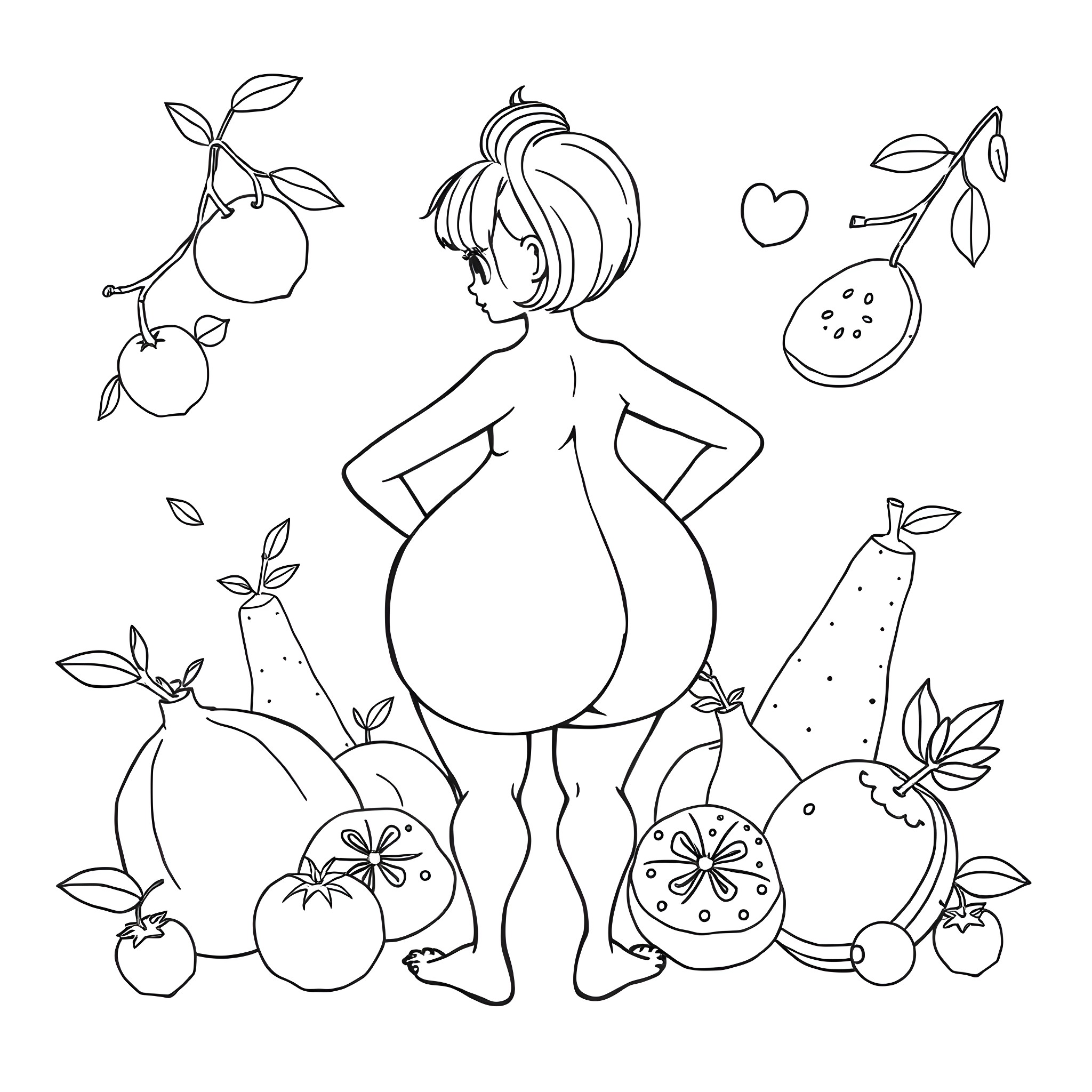 Butt surrounded by playful fruits Coloring Page (free black-and-white line drawing printable PDF for all, from beginners to advanced learners, including children, teens, adults, and seniors)