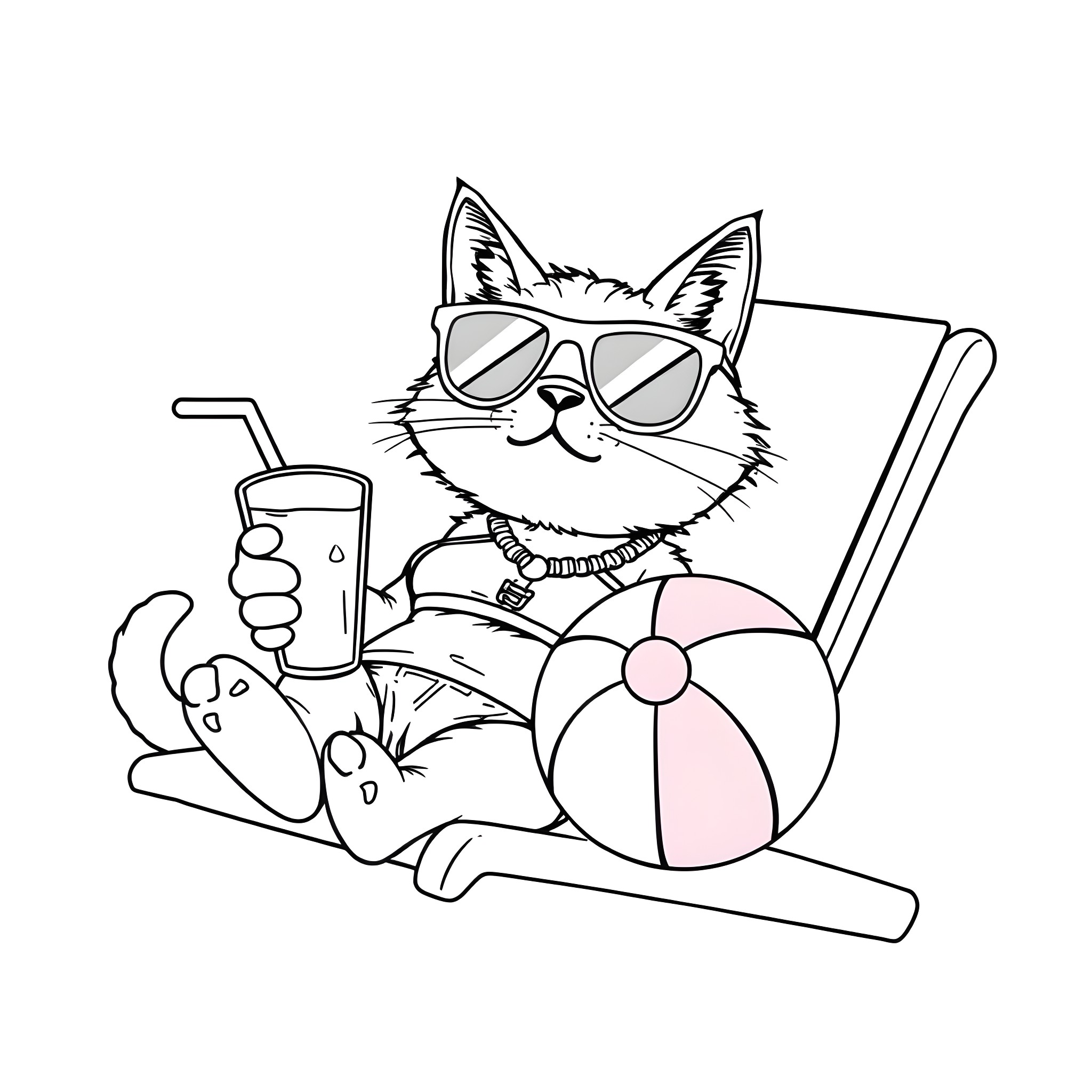 Cat enjoying the summer with beach items Coloring Page (free black-and-white line drawing printable PDF for all, from beginners to advanced learners, including children, teens, adults, and seniors)