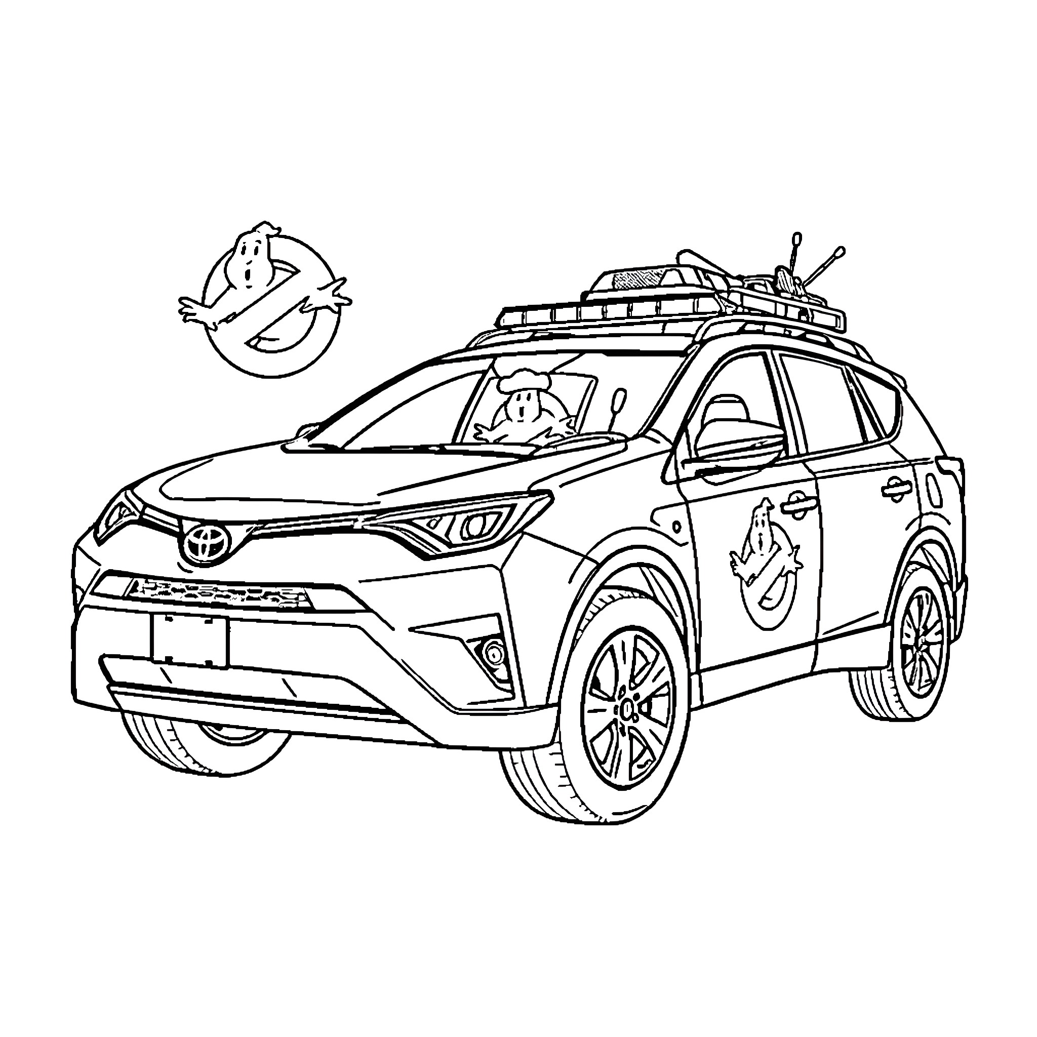 Toyota Ghostbusters-themed SUV with rooftop equipment Coloring Page (free black-and-white line drawing printable PDF for all, from beginners to advanced learners, including children, teens, adults, and seniors)
