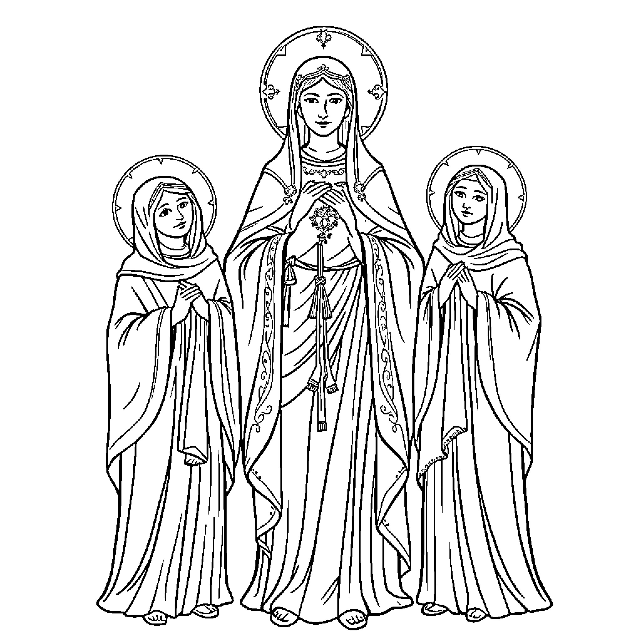 Saint Mary with Two Holy Women Coloring Page (free black-and-white line drawing printable PDF for all, from beginners to advanced learners, including children, teens, adults, and seniors)