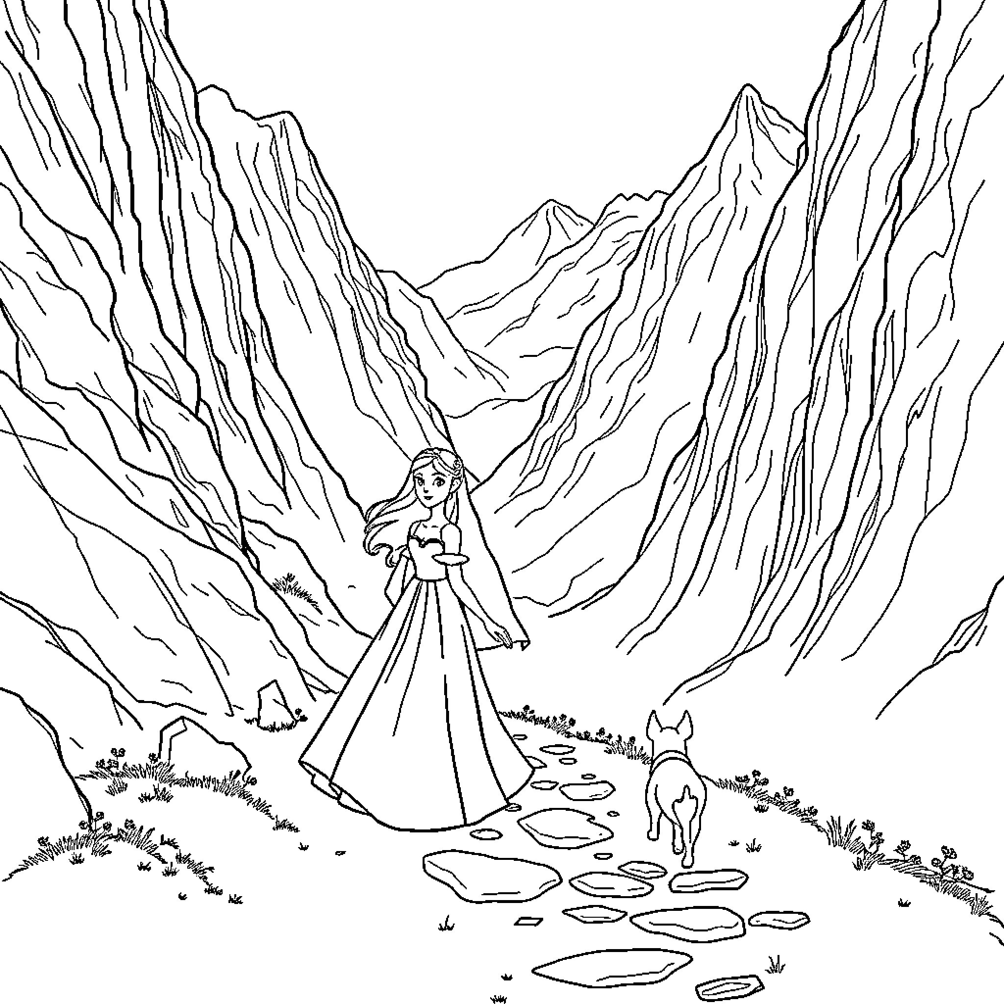 Princess exploring the majestic mountain landscape Coloring Page (free black-and-white line drawing printable PDF for all, from beginners to advanced learners, including children, teens, adults, and seniors)