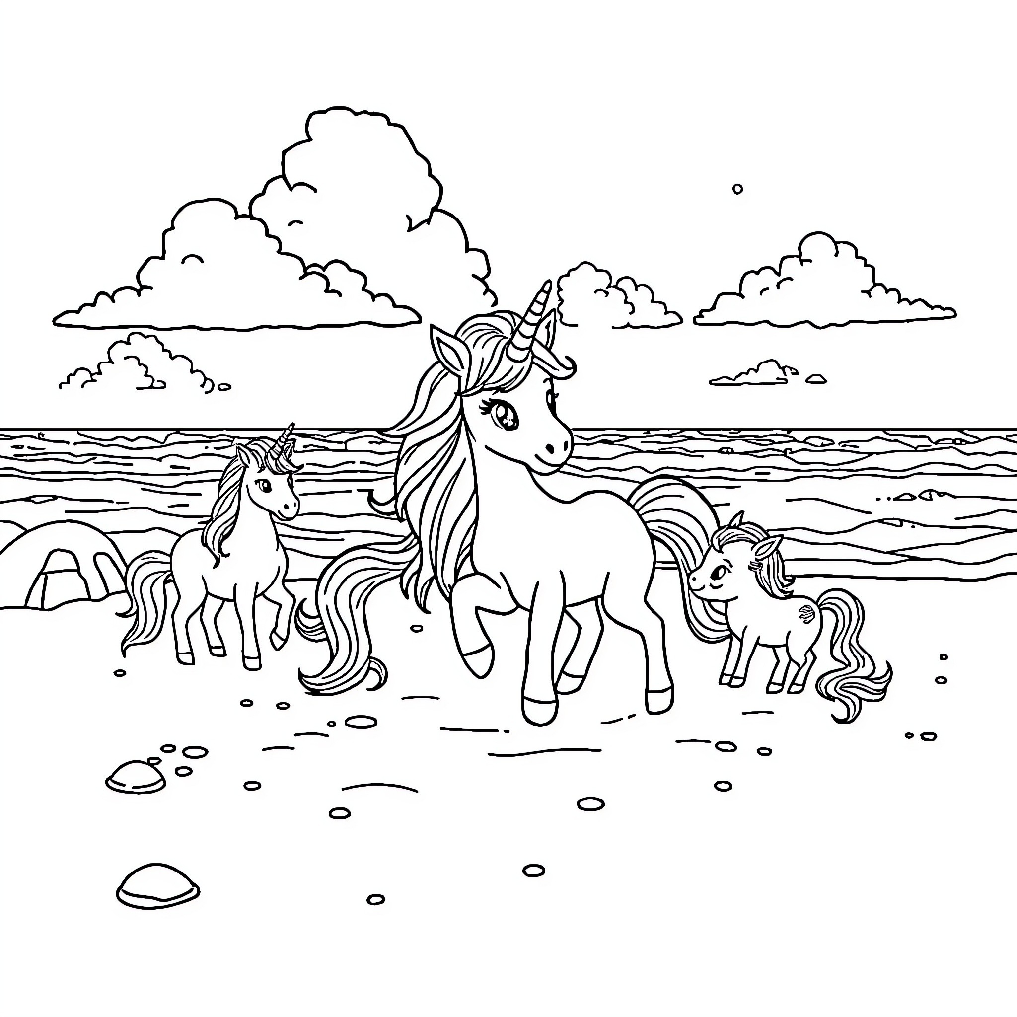 Bluey and unicorn friends playing near the ocean Coloring Page (free black-and-white line drawing printable PDF for all, from beginners to advanced learners, including children, teens, adults, and seniors)