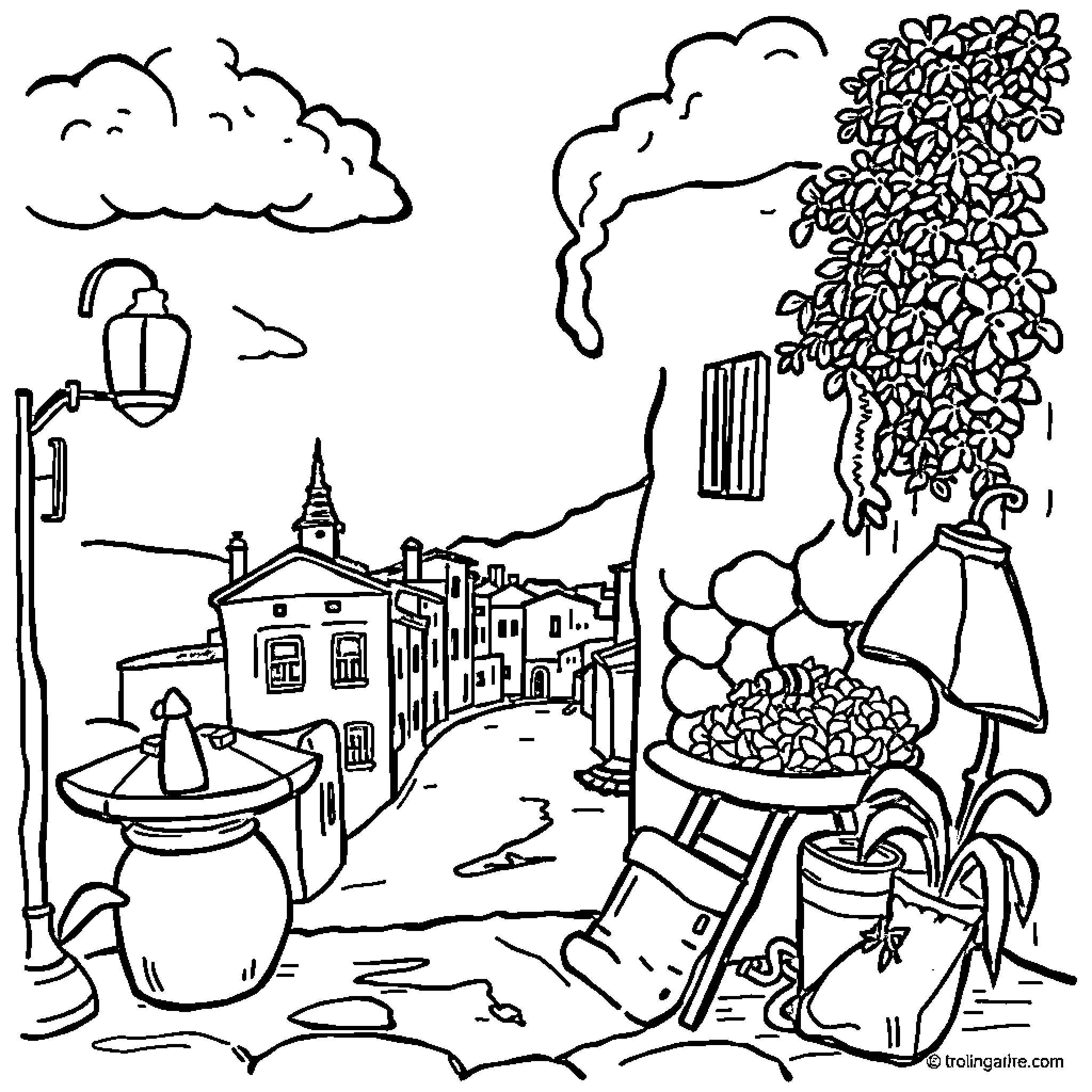 Brain-inspired Town Landscape with Whimsical Elements Coloring Page (free black-and-white line drawing printable PDF for all, from beginners to advanced learners, including children, teens, adults, and seniors)
