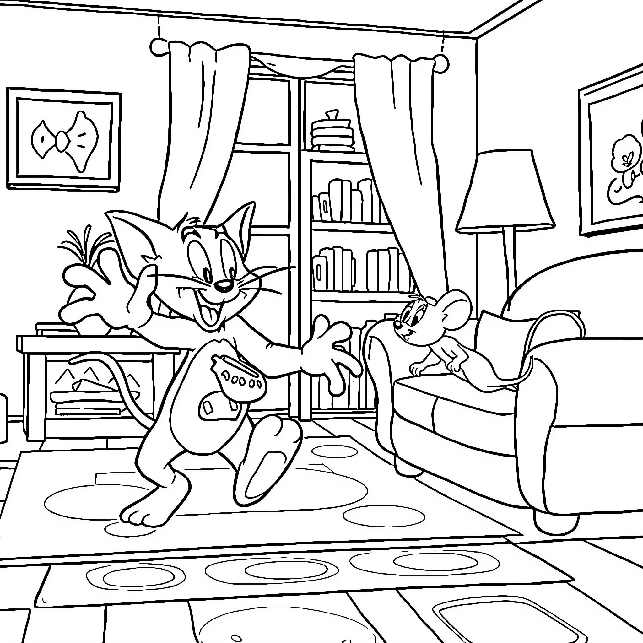 Tom and Jerry's Mischievous Adventure in the Living Room Coloring Page (free black-and-white line drawing printable PDF for all, from beginners to advanced learners, including children, teens, adults, and seniors)