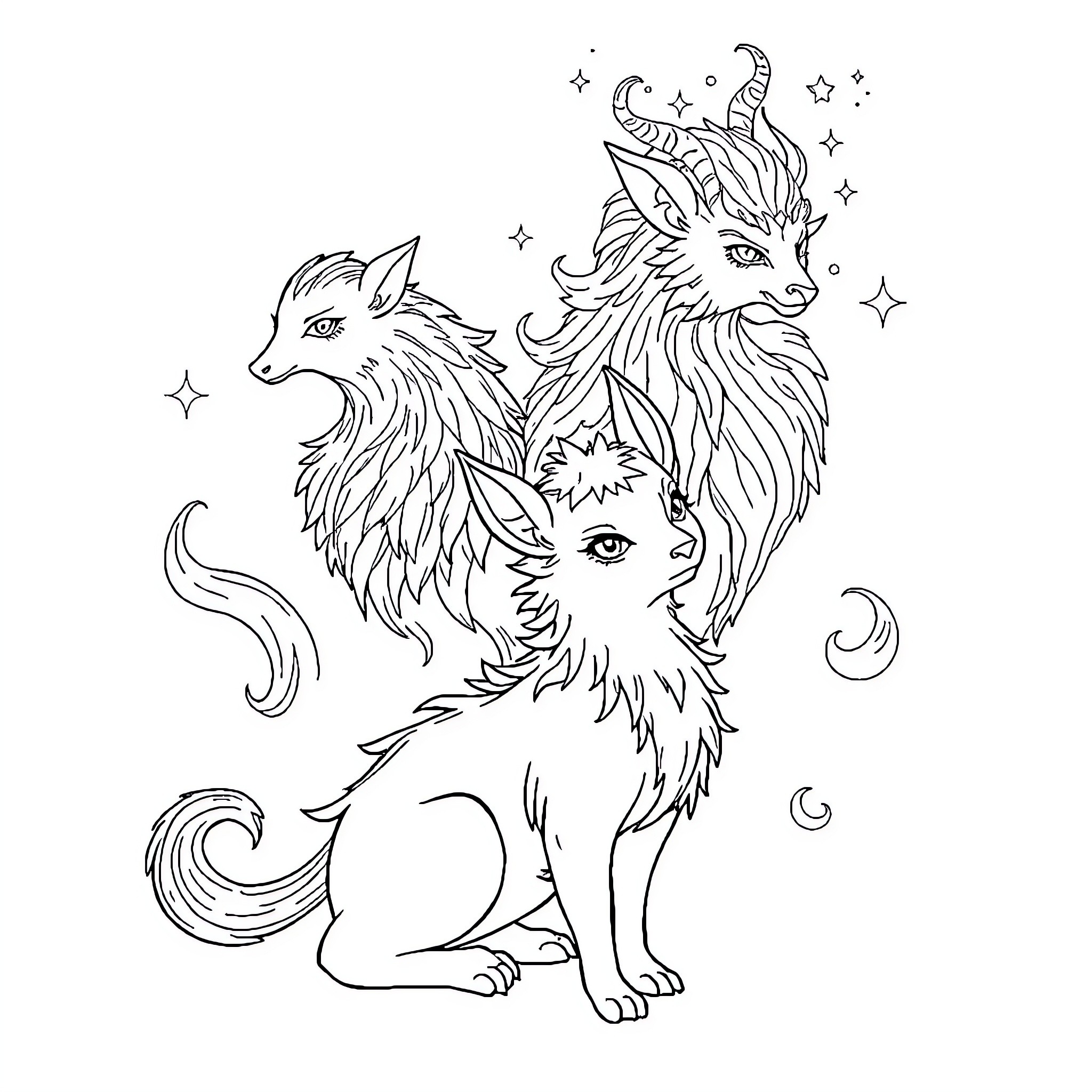 Animal mythical creatures in fantasy scene Coloring Page (free black-and-white line drawing printable PDF for all, from beginners to advanced learners, including children, teens, adults, and seniors)
