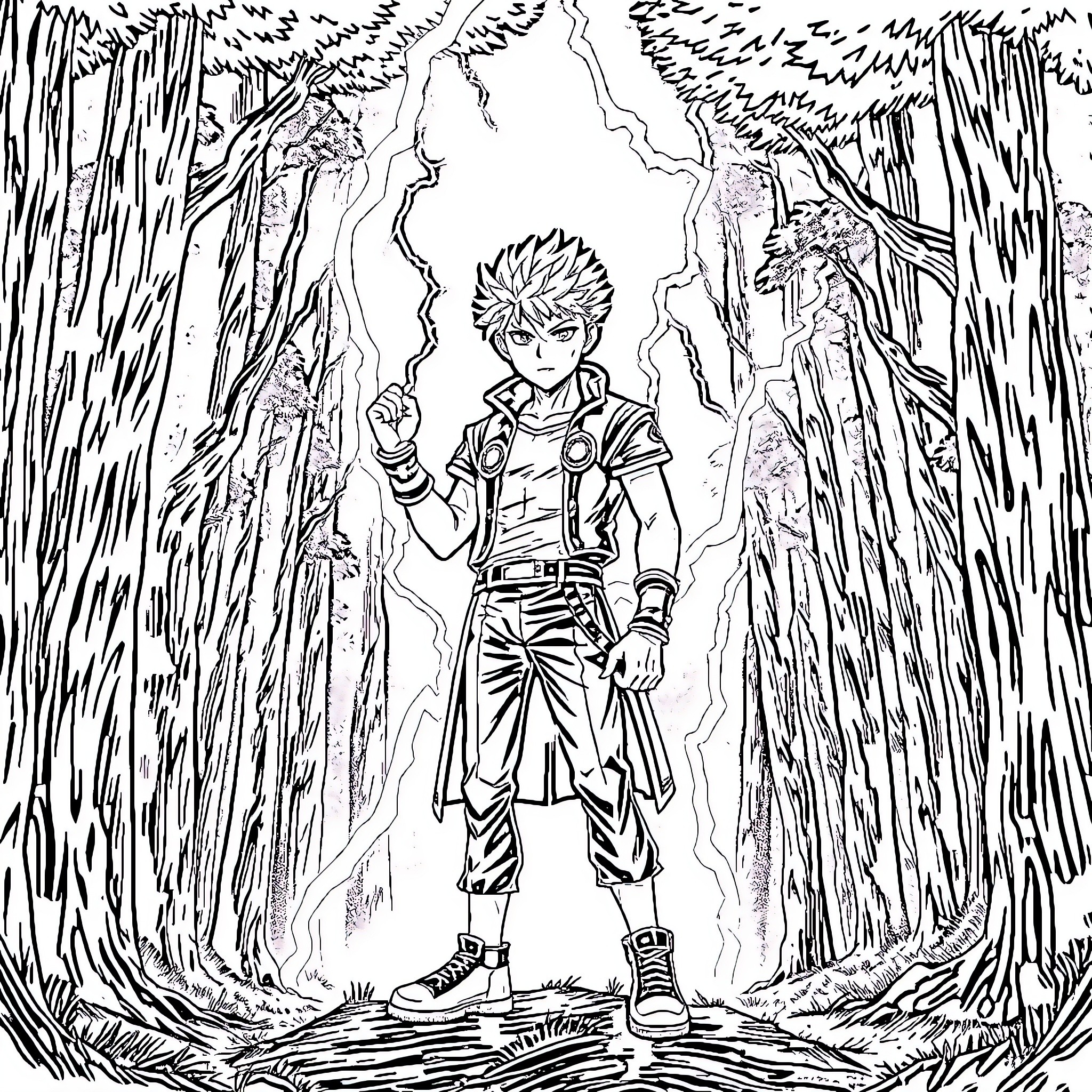 Killua exploring the mysterious forest Coloring Page (free black-and-white line drawing printable PDF for all, from beginners to advanced learners, including children, teens, adults, and seniors)